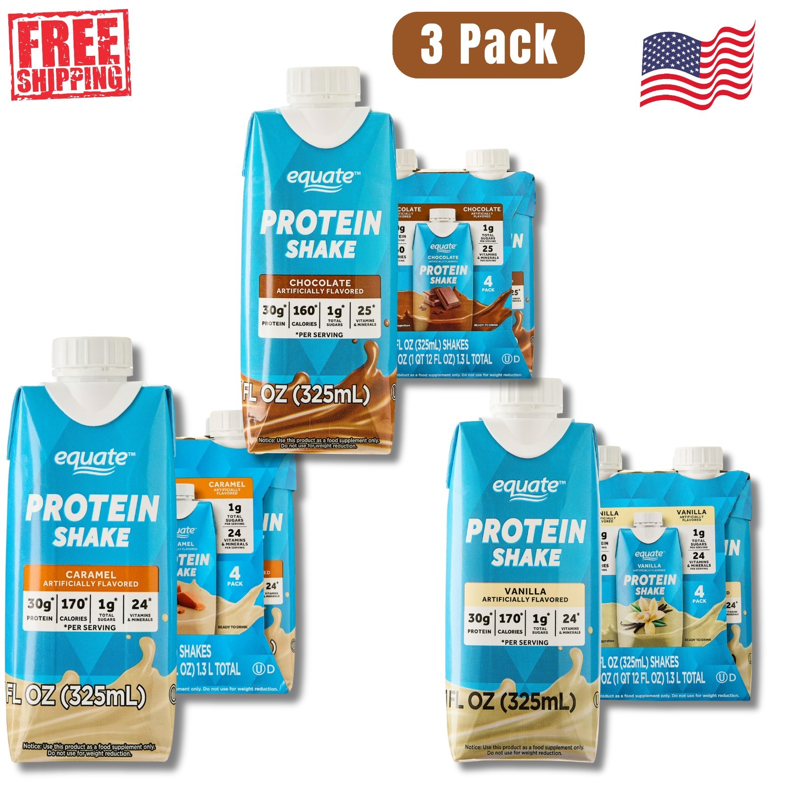 Equate High Performance Protein Shake, Variety Pack, 11 fl oz, 12 Ct FREE SHIP..