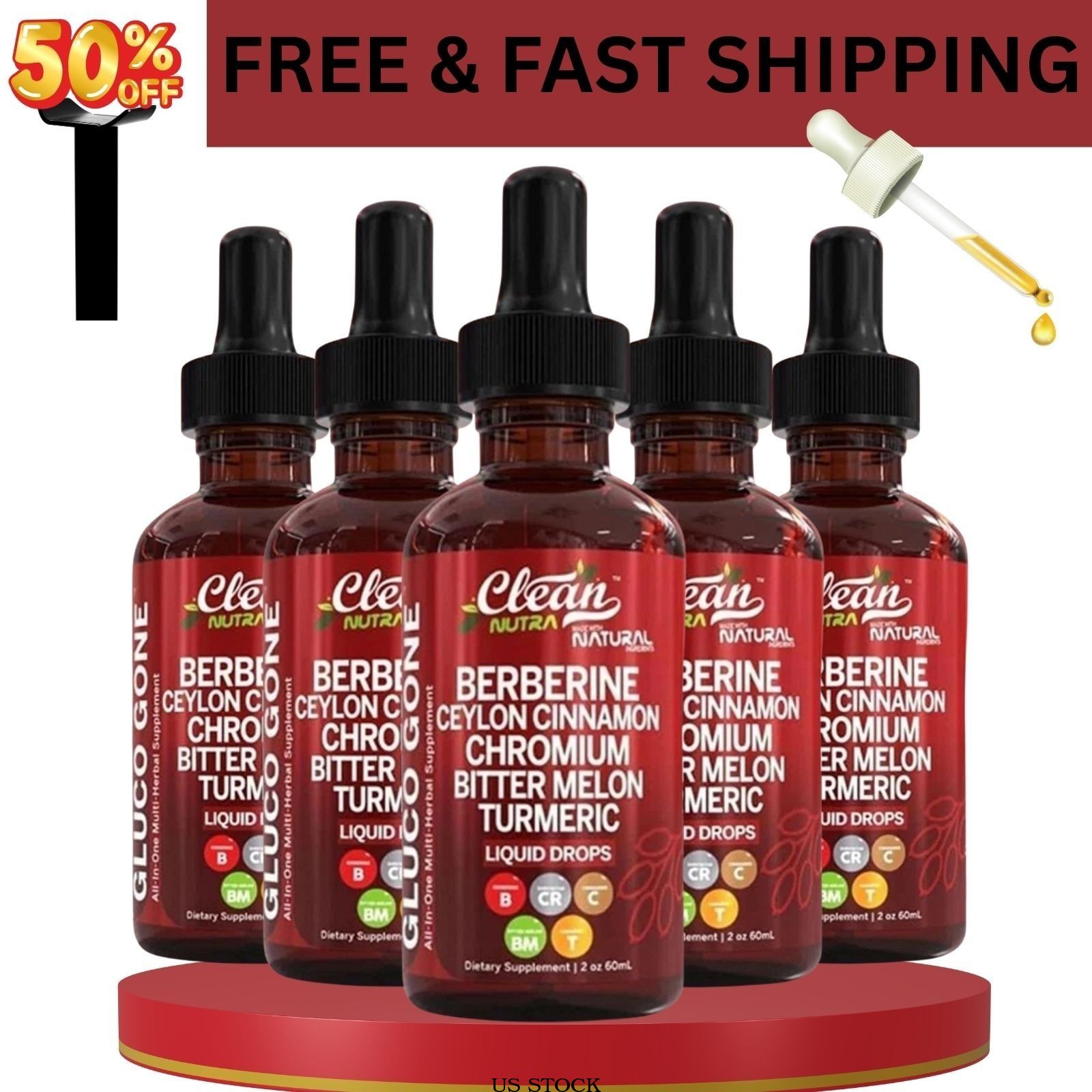 Premium 5 pack USA Clean Nutra Berberine with Ceylon Cinnamon Supplement Liquid