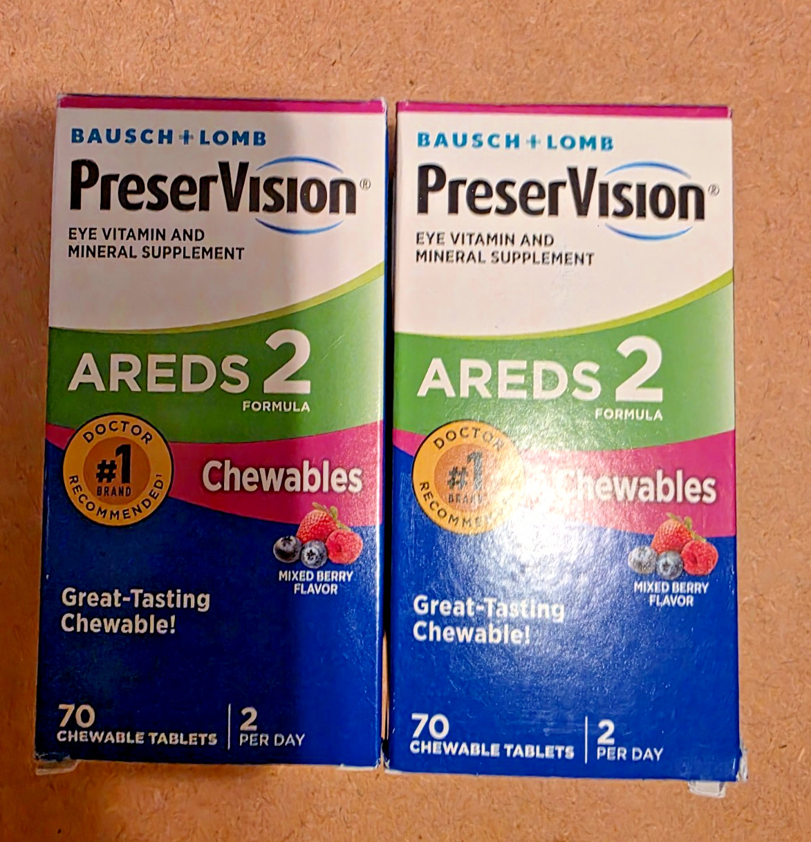 (2) PreserVision AREDS 2 Formula Eye Vitamin, 70 Chewables. Mixed Berry 04/2027