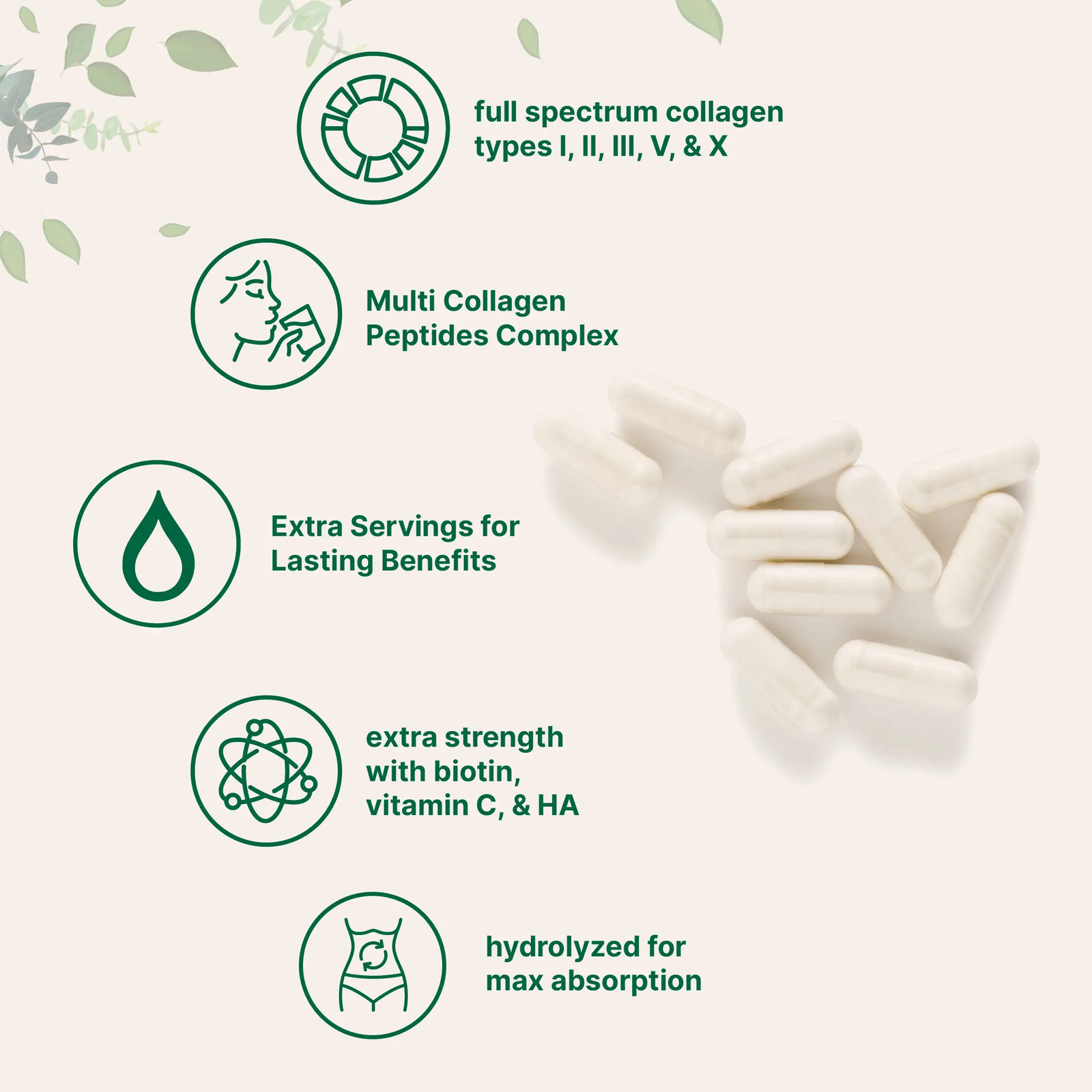 Multi Collagen Complex Supplement 240 Capsules Skin Hair Nail Support