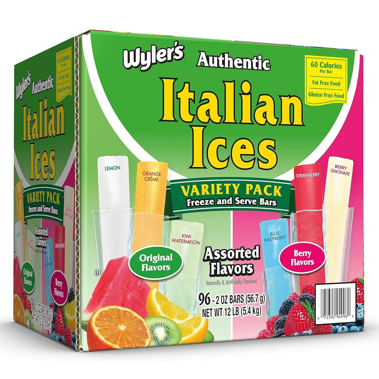 Wyler’s Authentic Italian Ice, Fat Free Freezer Bars, Assorted Flavors (96ct)