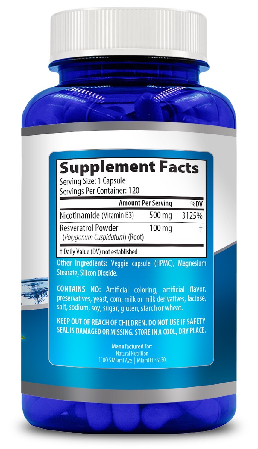 Nicotinamide with Resveratrol 600mg Vitamin B3 – 120 Veggie Caps Free SHIPPING