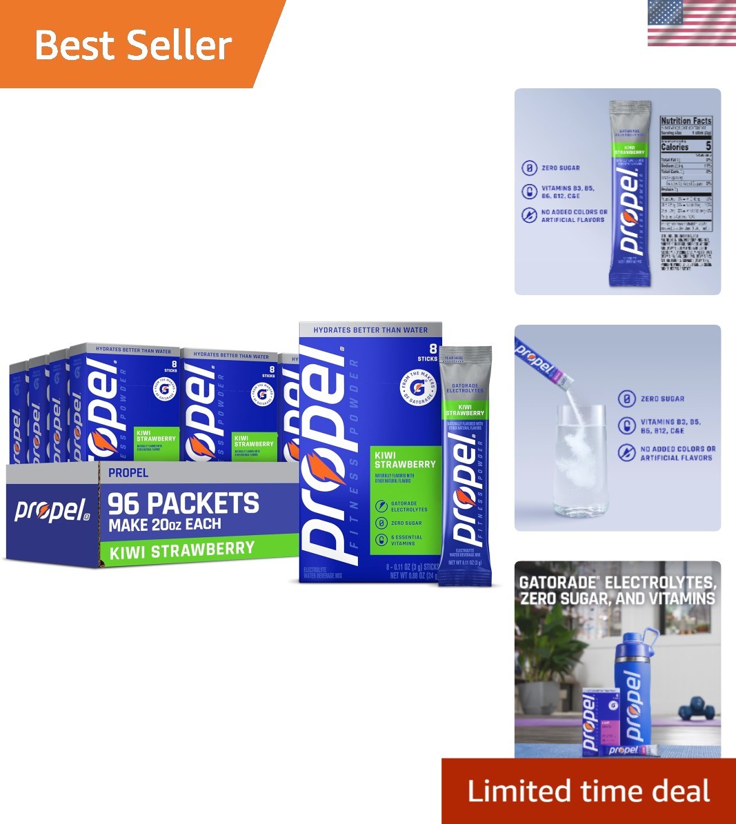 96 Servings of Propel Electrolyte Powder Drink Mix – Zero Sugar, Kiwi Strawberry