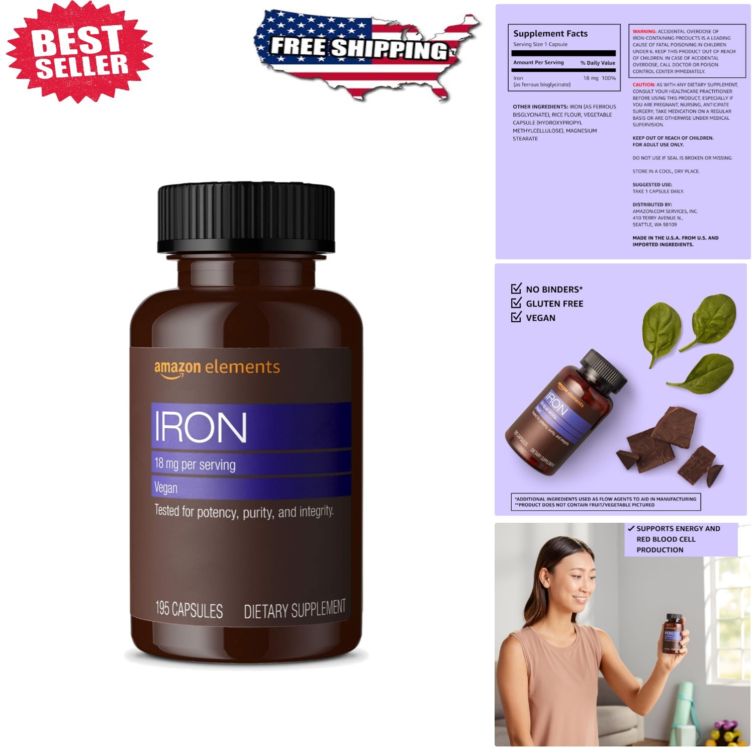 Iron Supplement 18mg Capsules – 195 Count, Gluten-Free Energy Support