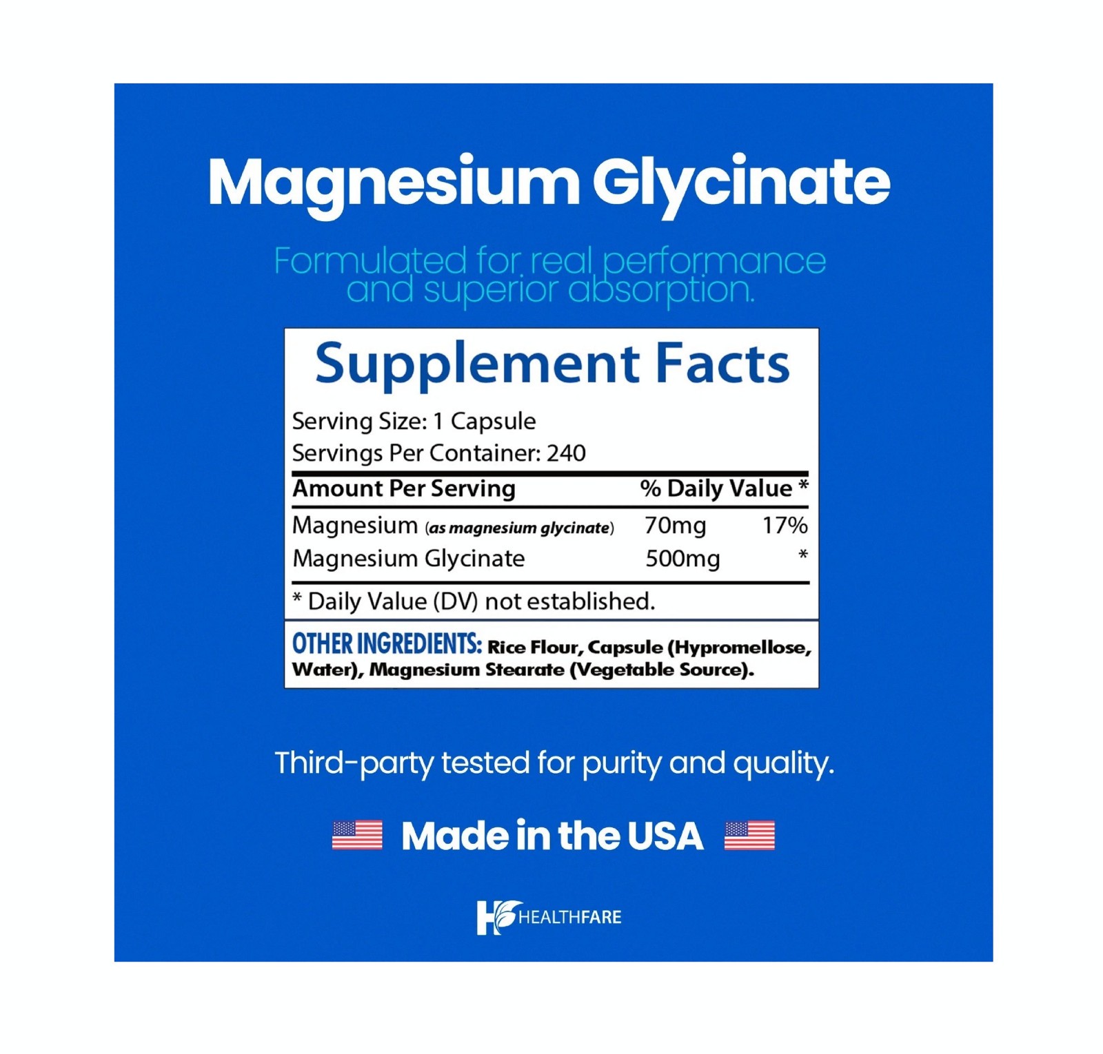 HealthFare Magnesium Glycinate 500mg | 240 Veg Capsules | High-Absorption