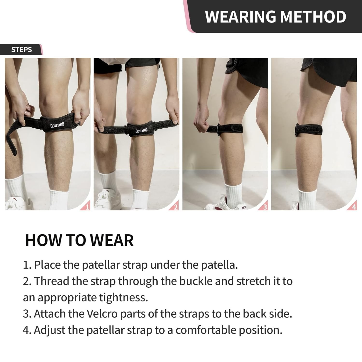 GOUNOD Patellar Tendon Support Strap 2 Pack,Knee for One Size, Black