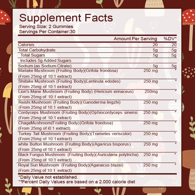 Mushroom Extract Complex Gummies Lions Mane Chaga Reishi Focus Memory Immunity