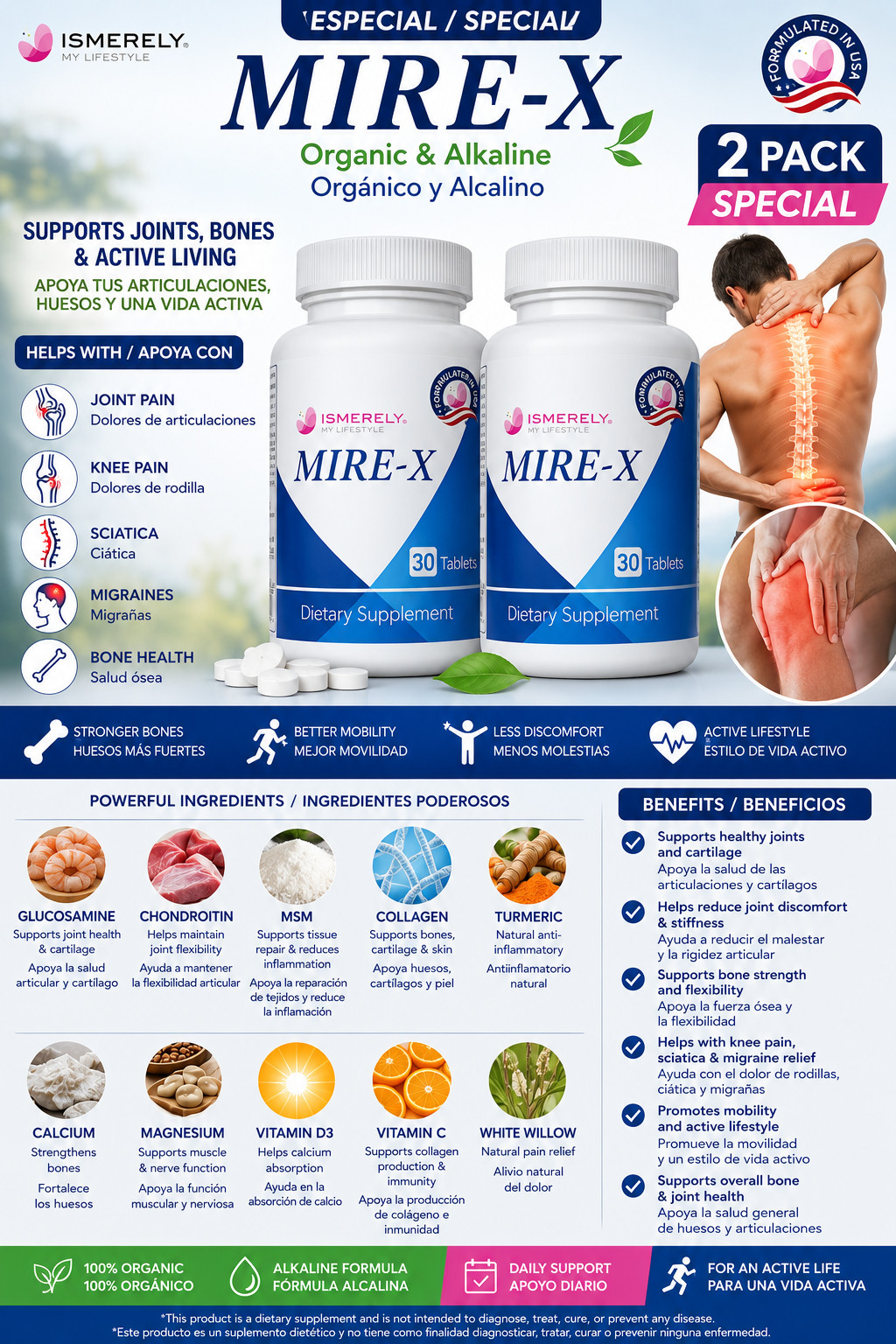 Ismerely 2 pack Mire-x 60 caps; dolor de articulaciones,ciatica, rodillas,cadera