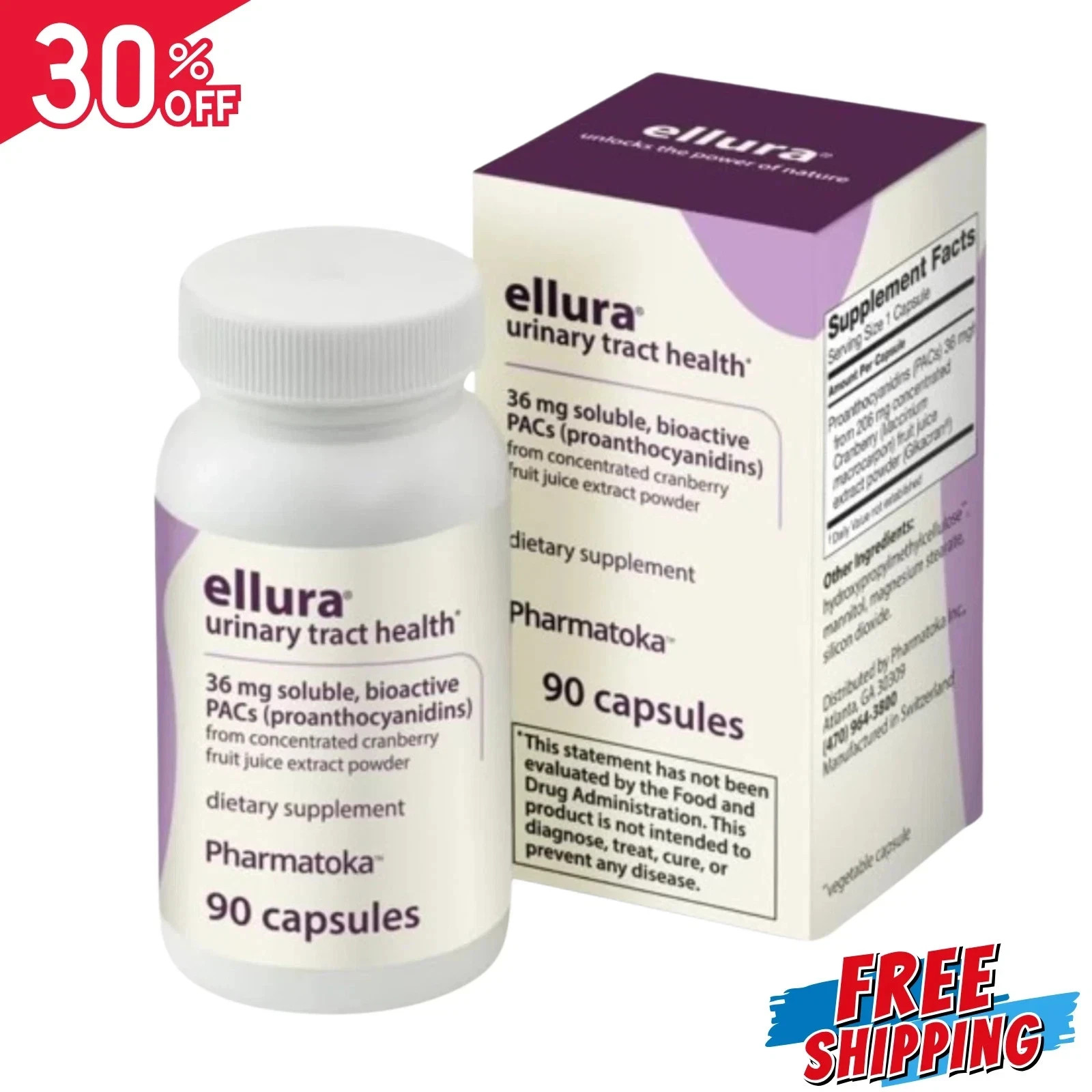 Ellura 36mg Cranberry Capsules 90ct –Urinary Tract Health Supplement