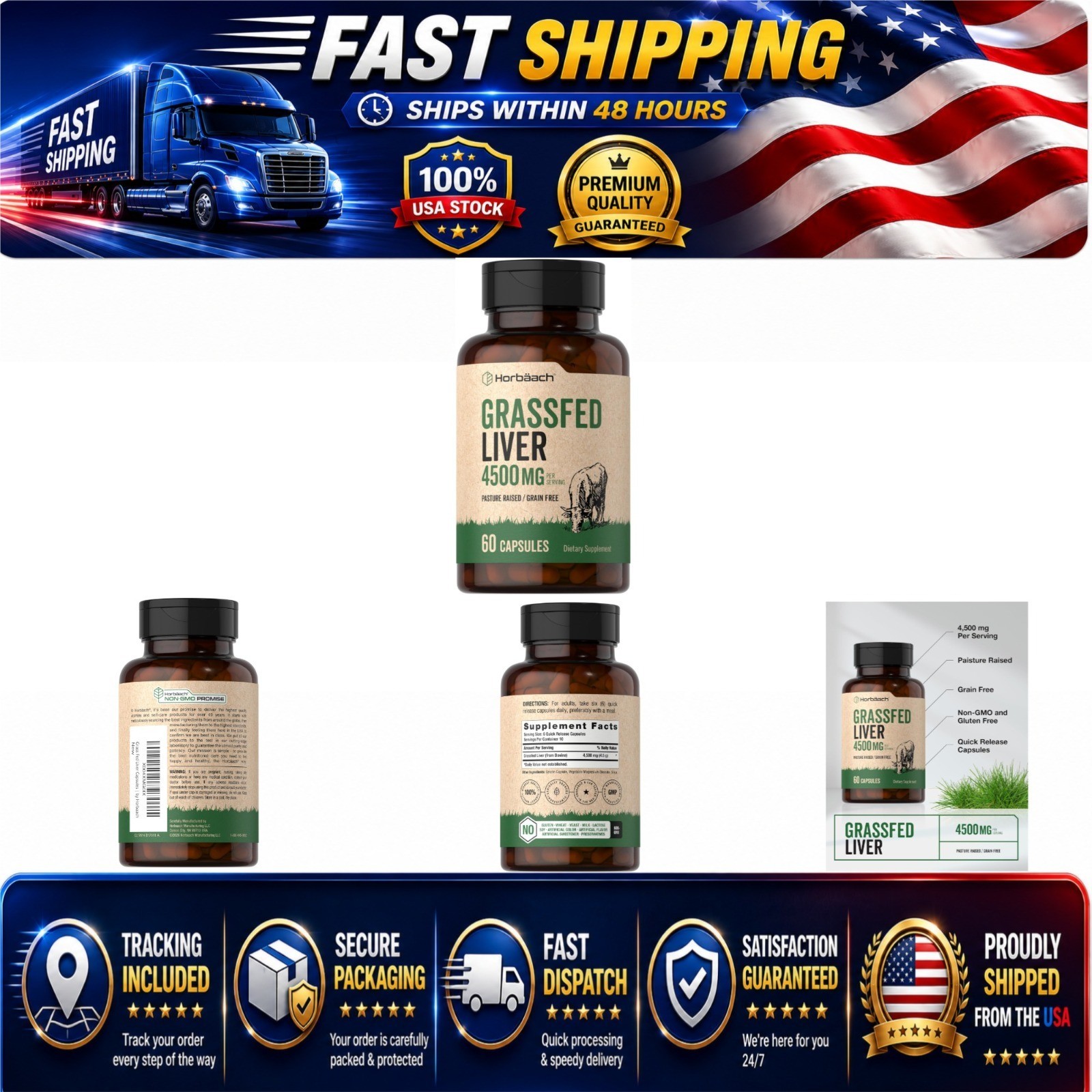 Horbäach Grass Fed Beef Liver 4500mg 60 Capsules Non-GMO Supplement