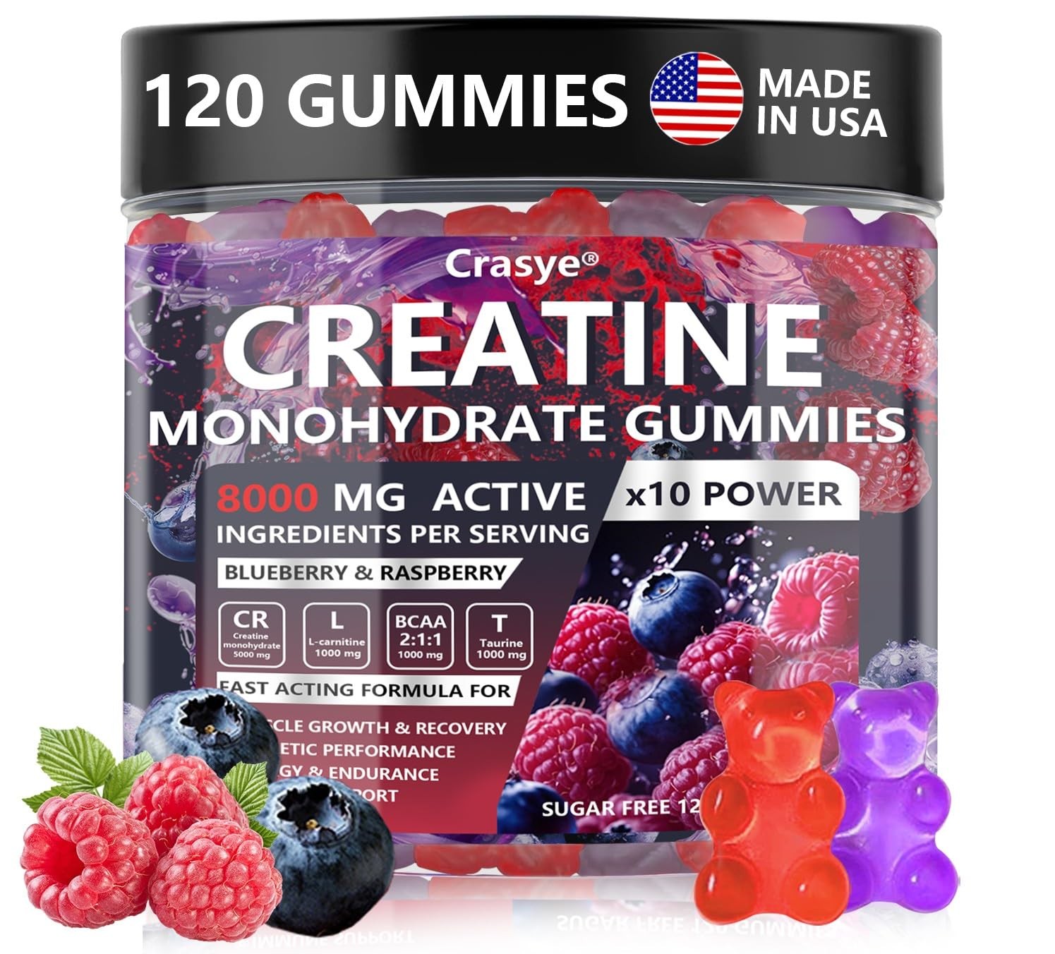Crasye Creatine Monohydrate Gummies Complex 8000 MG for Men Women, Creatine G…