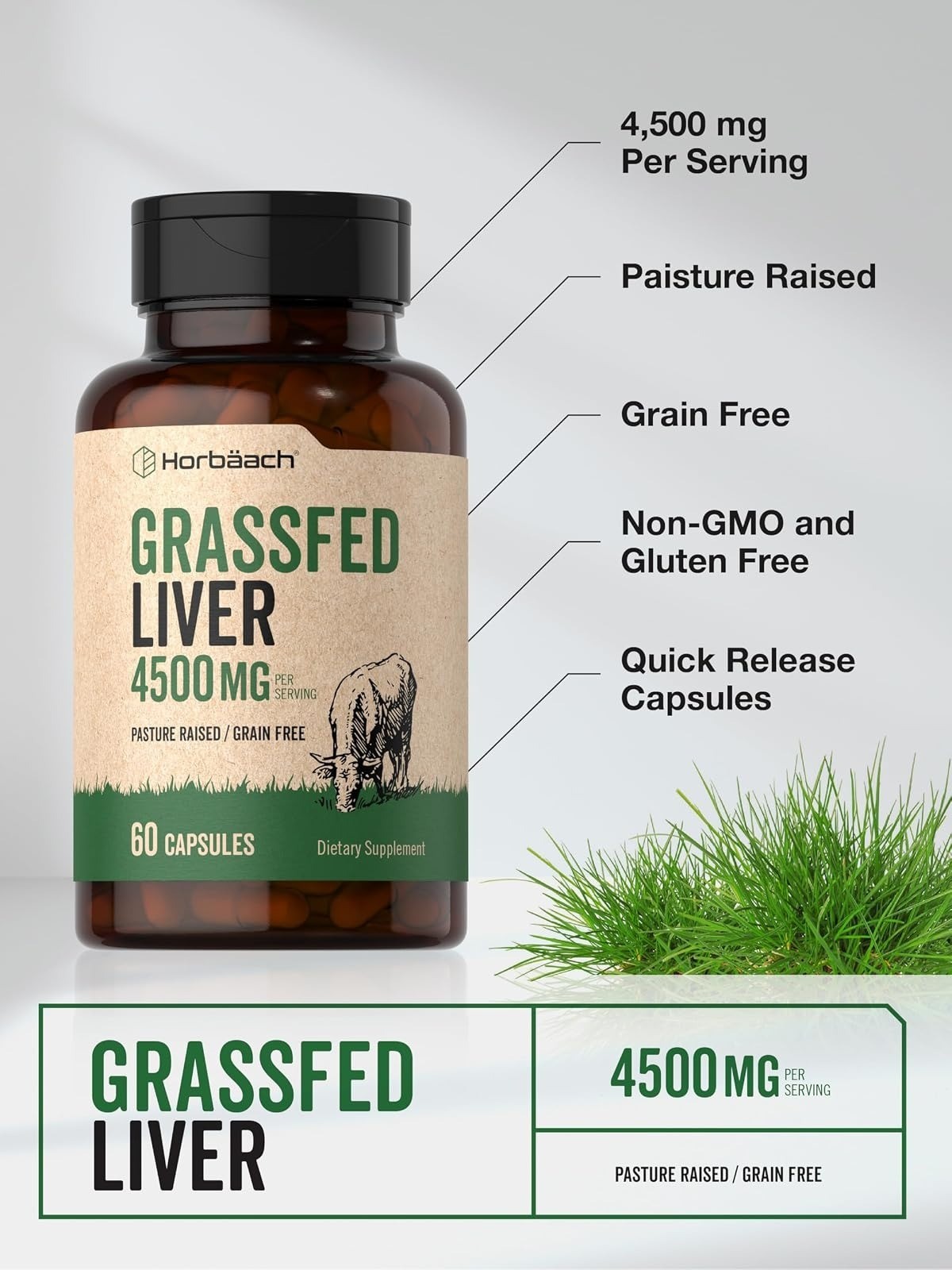 Horbäach Grass Fed Beef Liver 4500mg 60 Capsules Non-GMO Supplement
