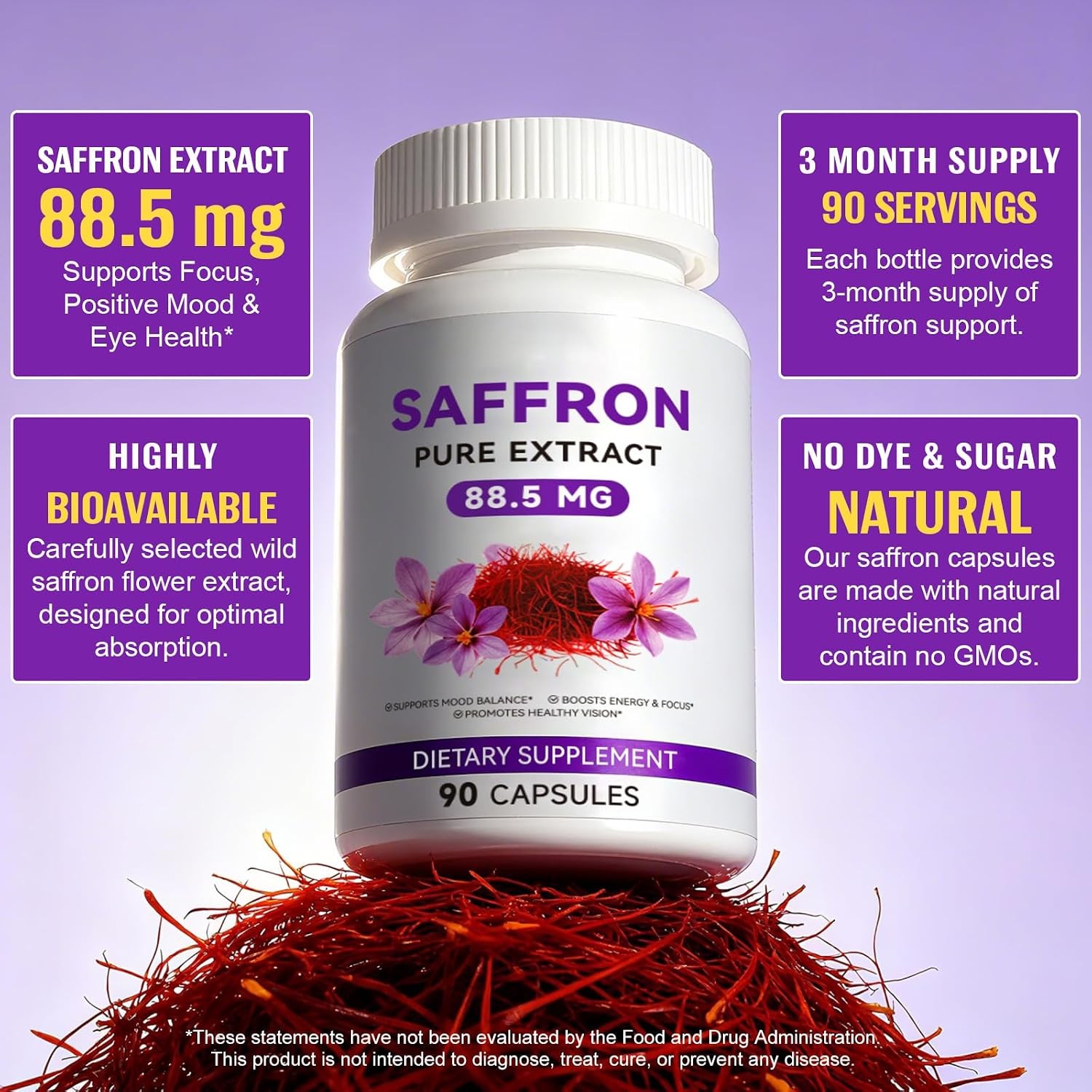 Saffron Supplements, 3 Month Supply, Pure 88.5Mg Saffron Extract for Women & Men