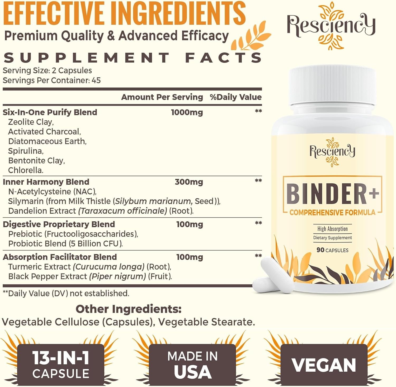 Resciency Binder+ Detox 1500mg Charcoal, Zeolite, Bentonite, 90 Vegan Capsules