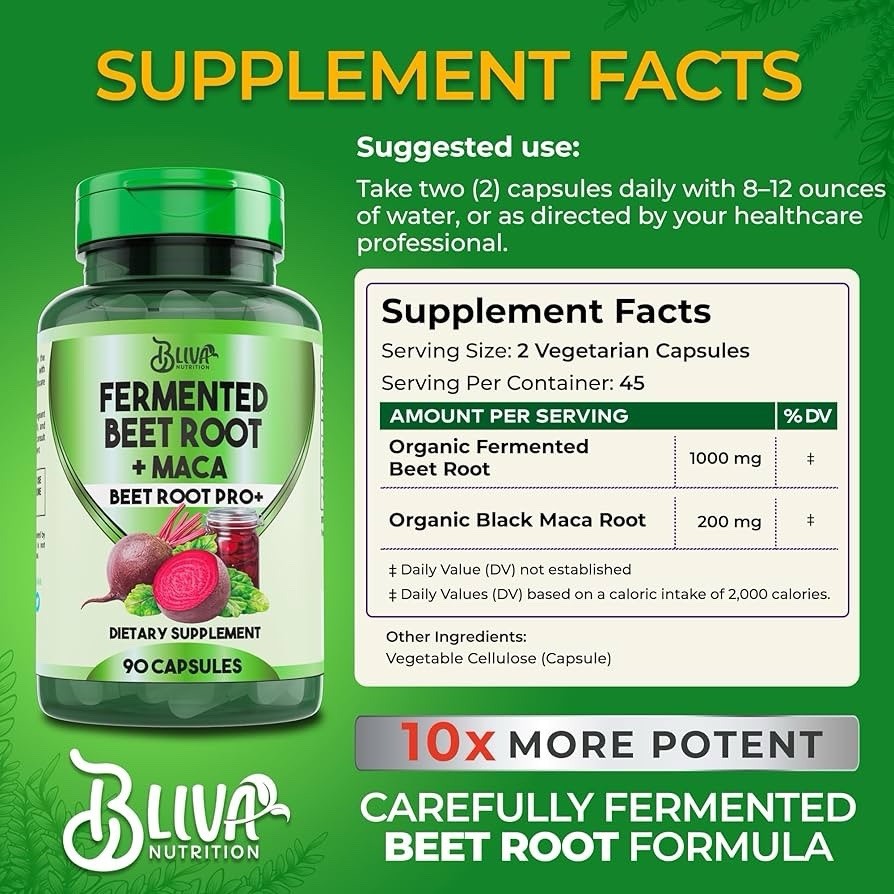 BLIVA Fermented Beet Root 1000mg + 200mg MACA Extract, 90 Capsules Exp:04/28