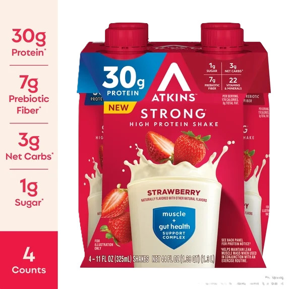 Atkins Strong, High Protein Shake,Strawberry Flavor,30g of Protein,4 Count.