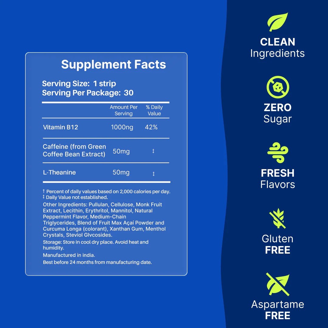 5STRIP Energy Strips Cool Mint 30ct, 50mg Caffeine w/ L-Theanine & B12