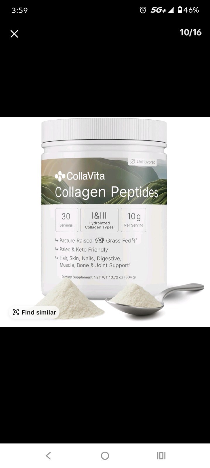 Colla Vita Collagen Peptides Powder Grass-Fed Hydrolyzed Type I & III 10oz 30 Se