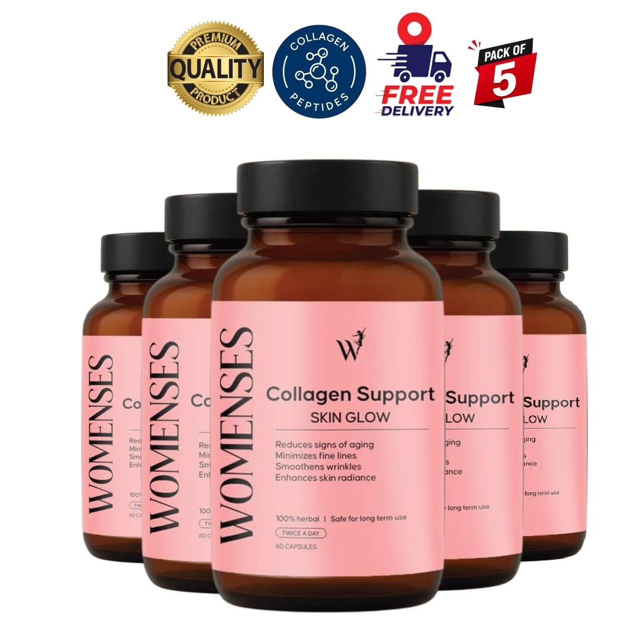 5 Pack W.OMENSES Collagen Capsules 60 Count Vegan