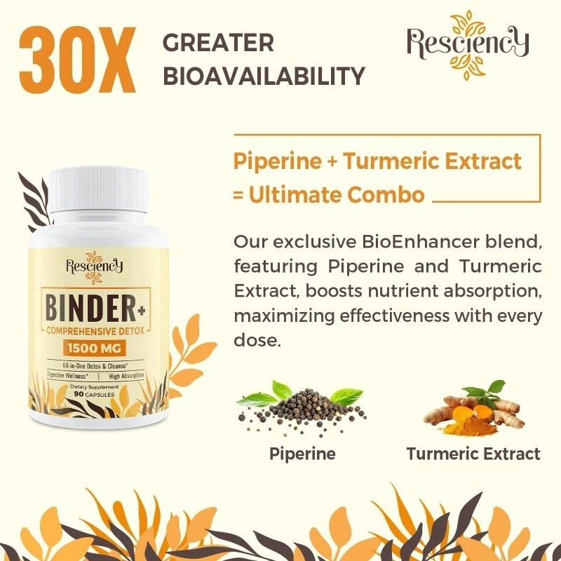 Resciency Binder+ Detox 1500mg Charcoal, Zeolite, Bentonite, 90 Vegan Capsules