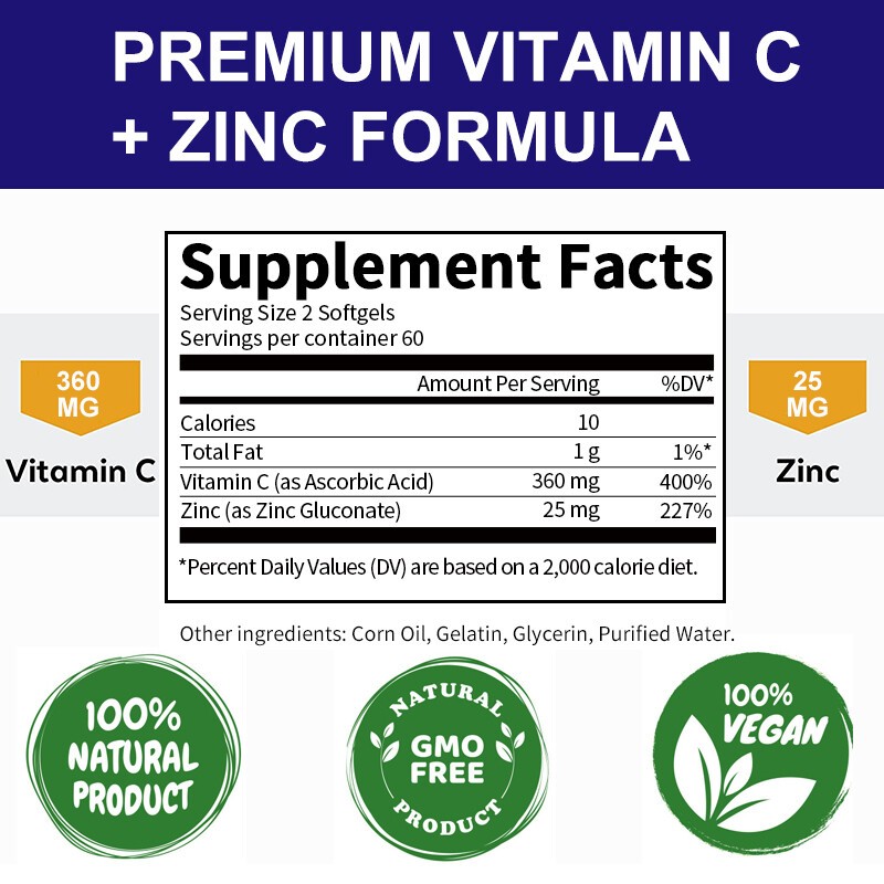 Vitamin C Plus Zinc Supplement Antioxidant Immune System Booster & Support