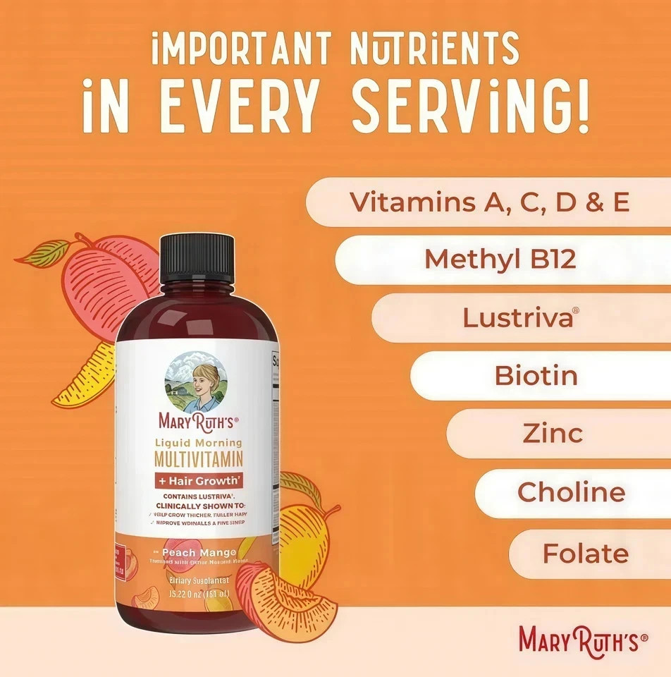 Ruth’s Mary Liquid Morning Multivitamin + Hair Growth – Peach Mango – 15 fl oz