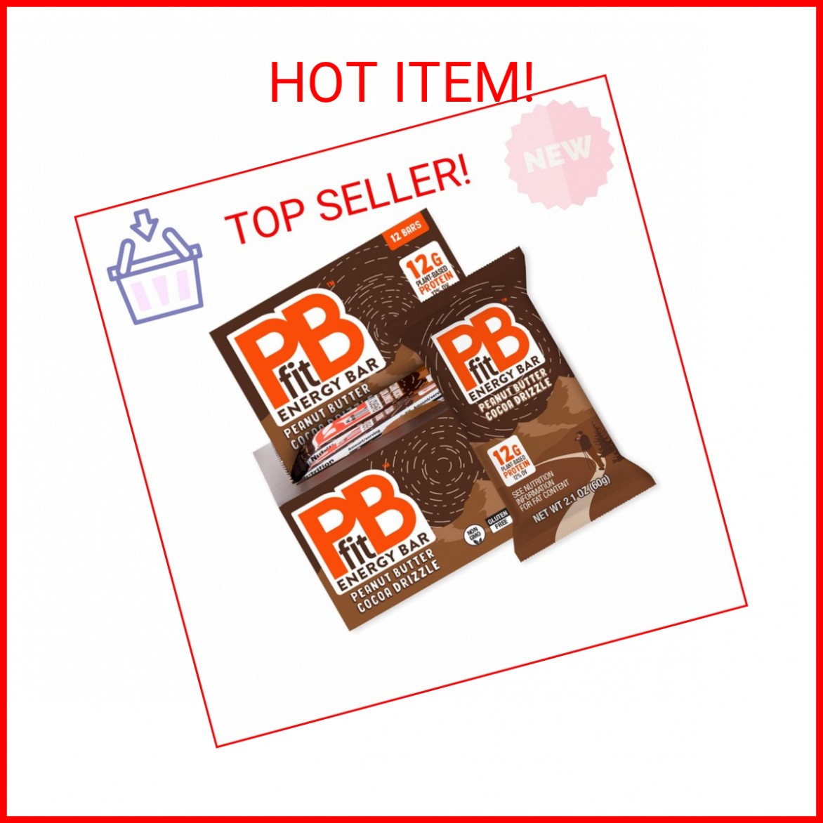 PBfit Peanut Butter Cocoa Drizzle Energy Bars, 12g Protein, 5g Fiber, Gluten Fre