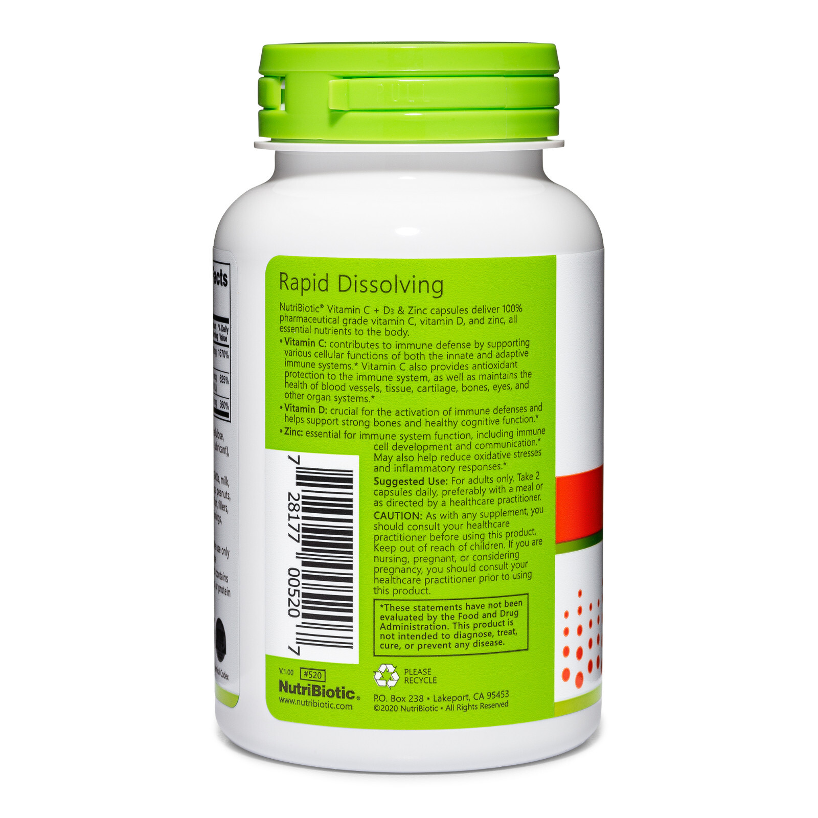 NutriBiotic Vitamin C + Vitamin D3 & Zinc, 100 Capsules