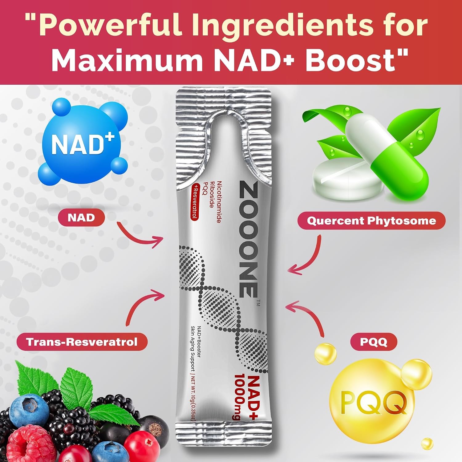 NAD+ 1000mg Powder 30 Sticks Nicotinamide Riboside PQQ Resveratrol Anti Aging