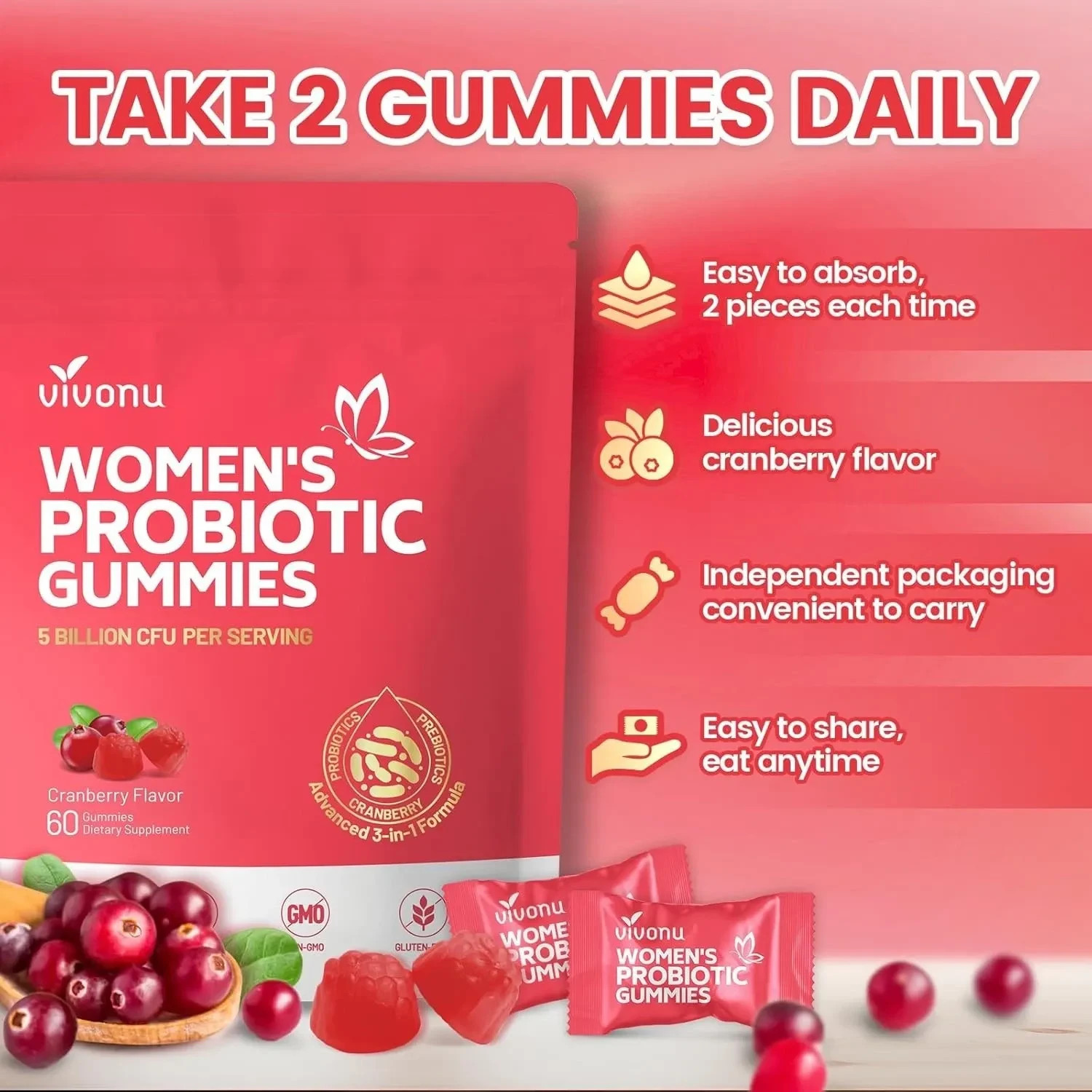 VivoNu Vaginal Probiotic Gummies Women pH Balance Yeast Flora Cranberry Vitamin