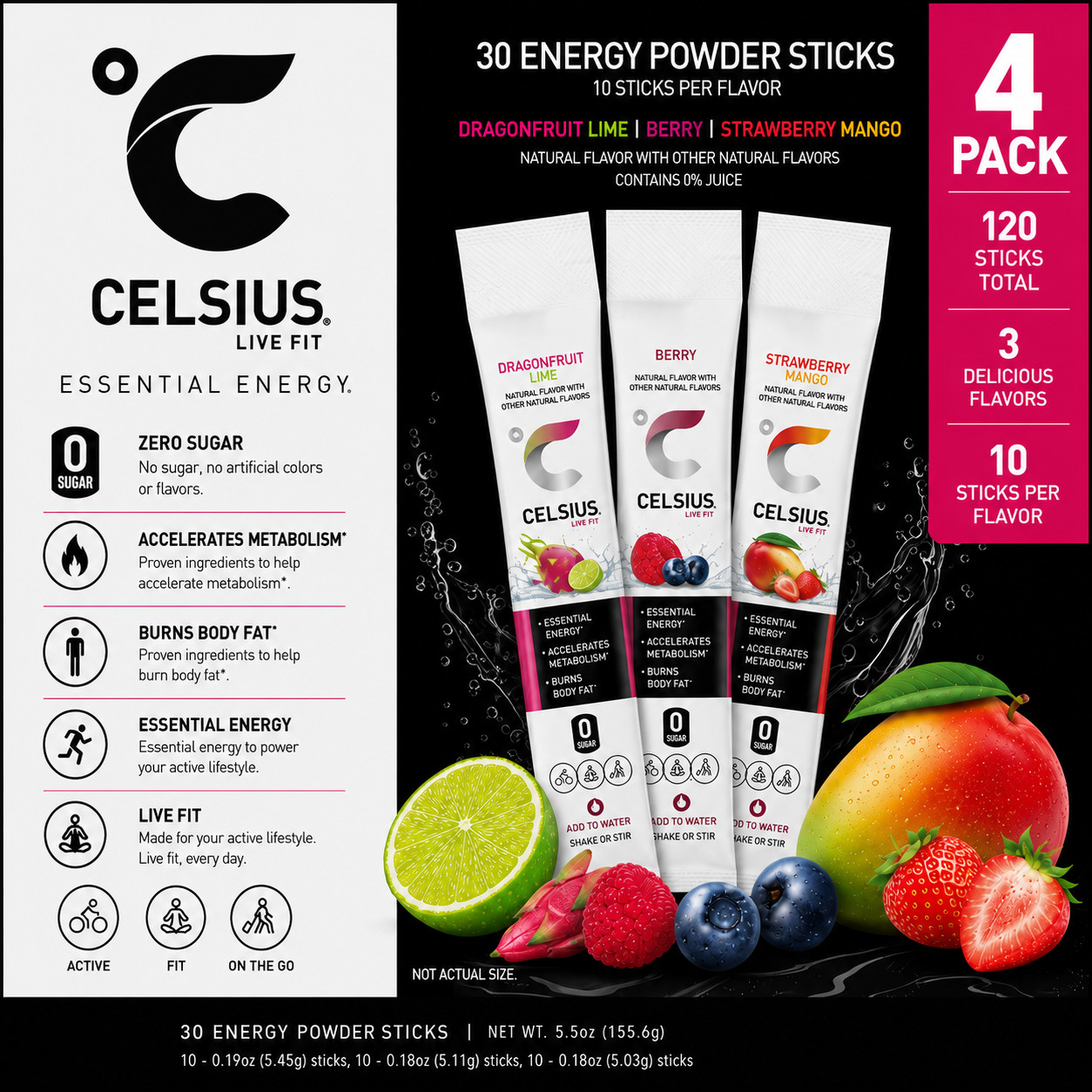4-Pack Celsius On The Go Powder Sticks Variety Pack, Essential Energy, 30 pk.