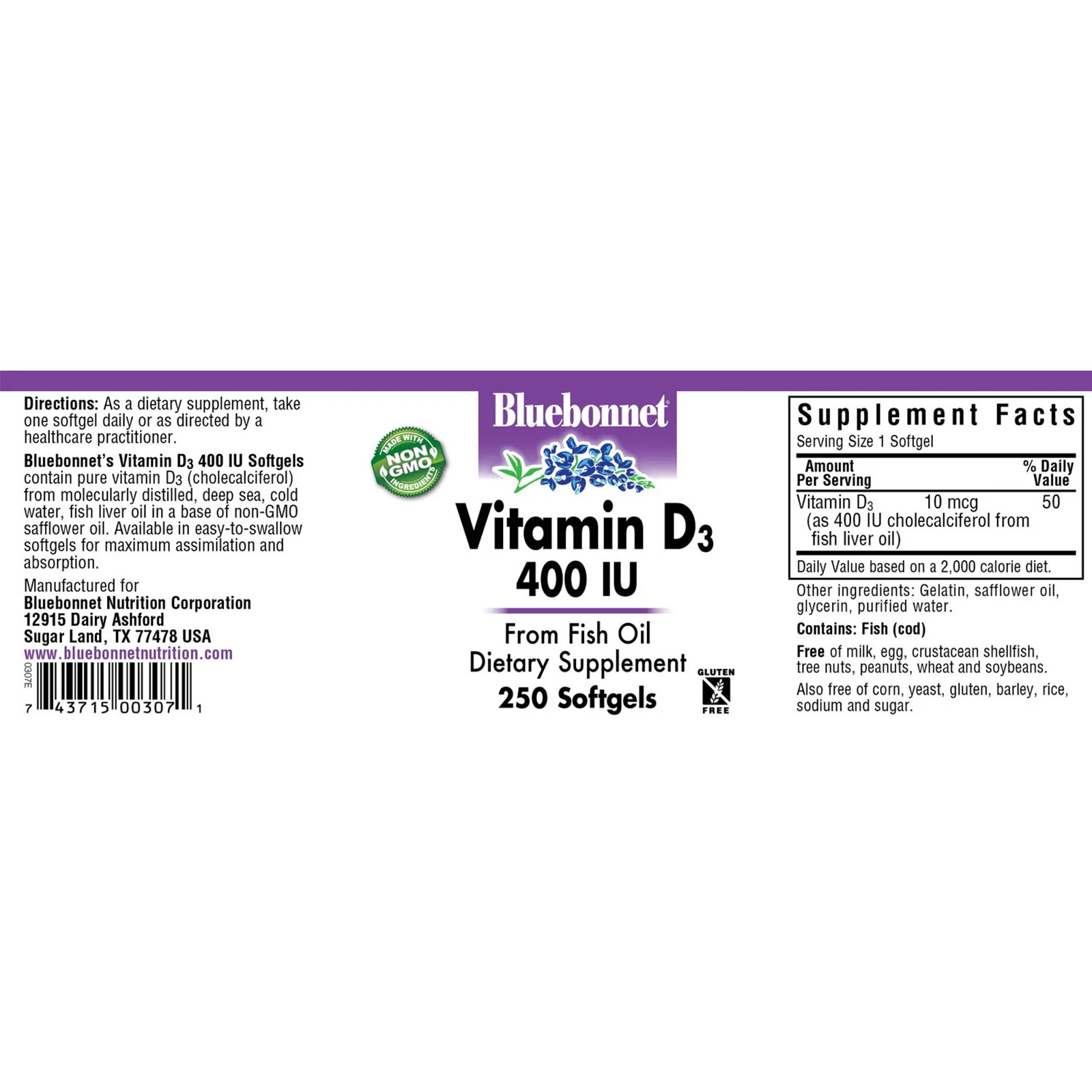 Bluebonnet Vitamin D3 10 Mcg 400 IU 250 Softgels