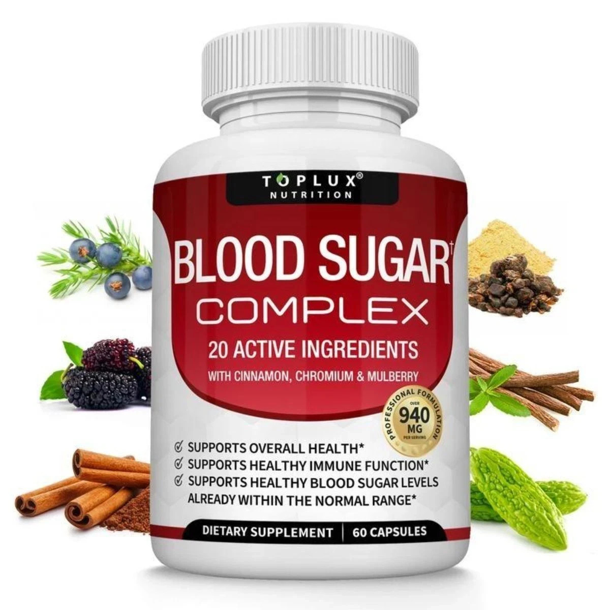 Blood Sugar Balance Complex,Toplux with 20 Herb & Vitamin Blend, Vegan, 60 Caps