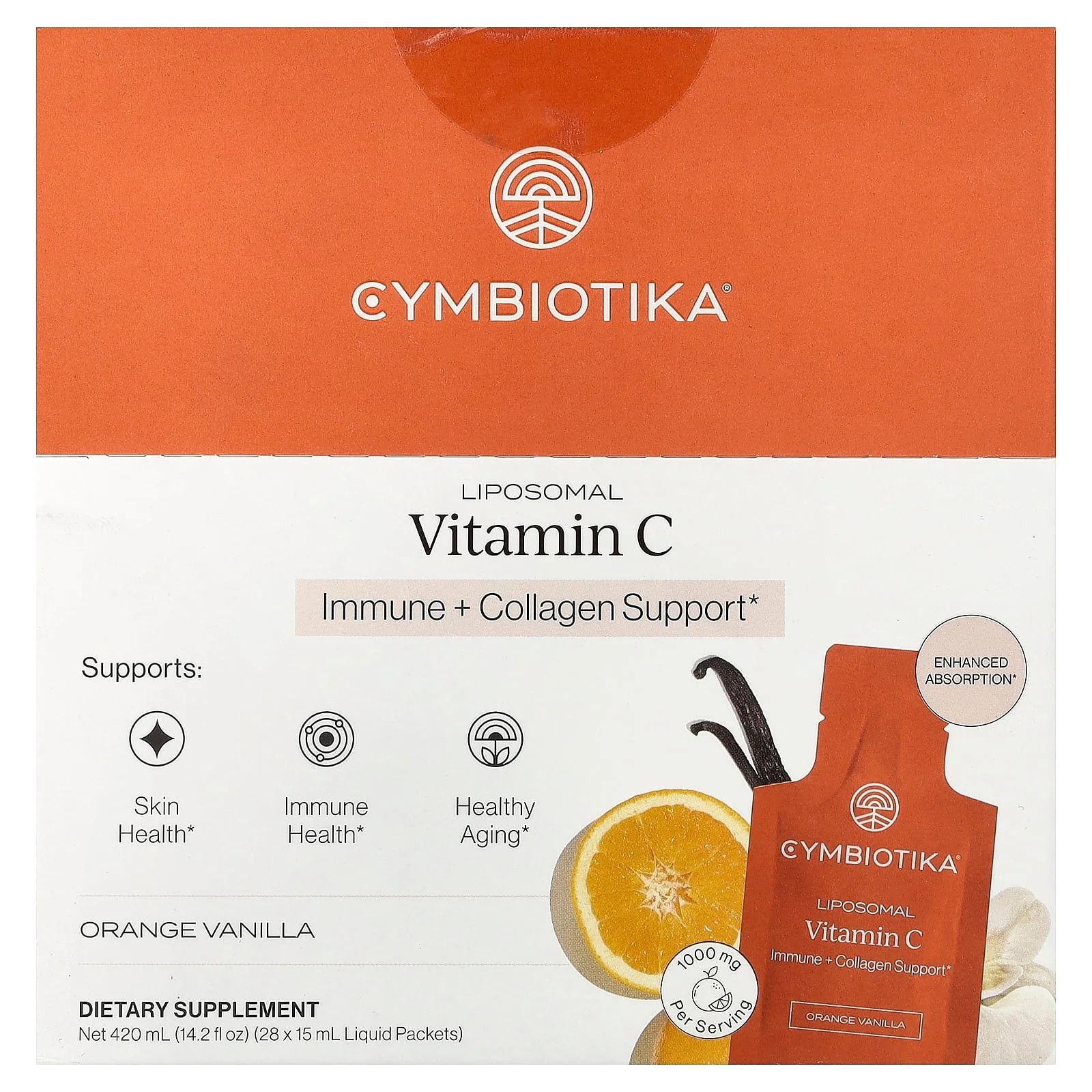 2 X Cymbiotika, Liposomal Vitamin C, Orange Vanilla, 28 Packets, 0.5 fl oz (15