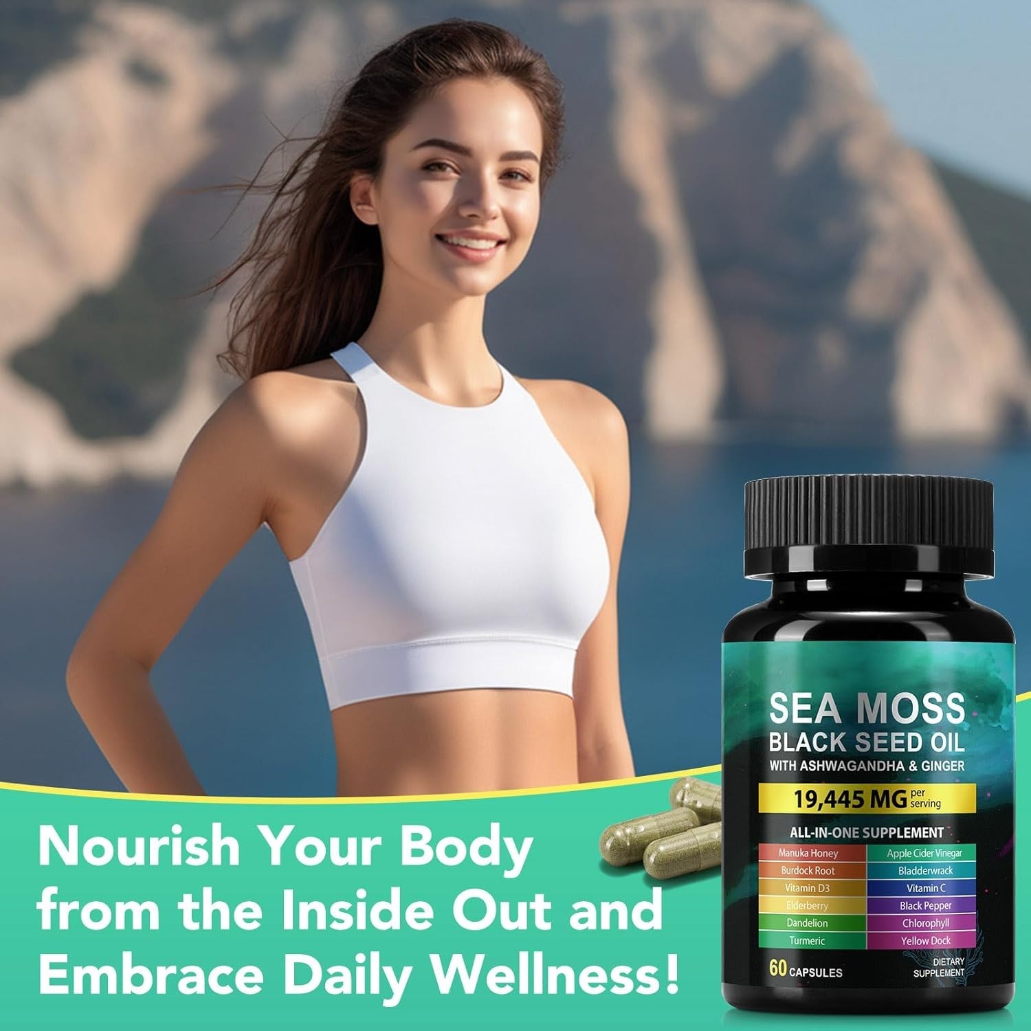 Sea Moss Black Seed Oil Ashwagandha Ginger Capsules Supplement 60 Count