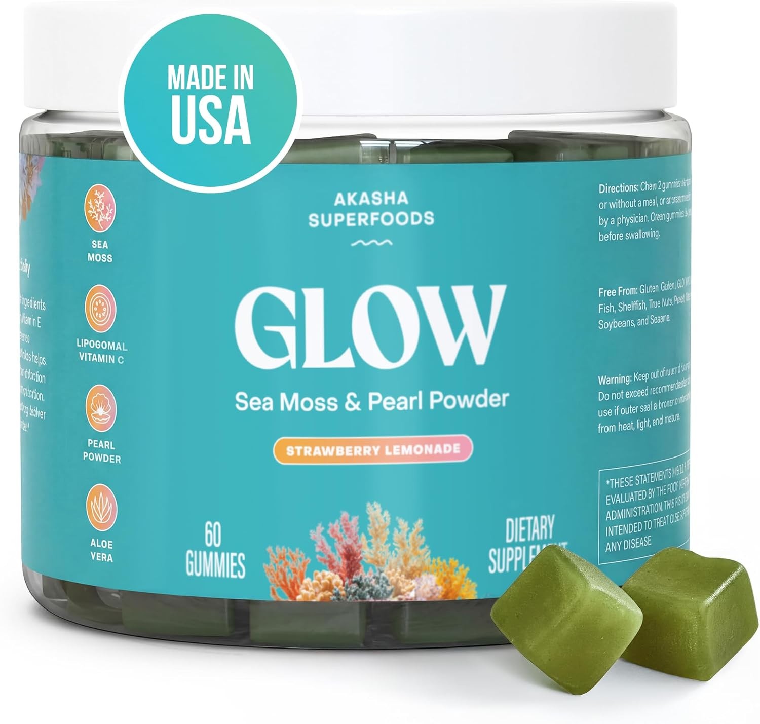 Akasha Superfoods Sea Moss Glow Gummies,Hair,Skin&Nails Vitamins with Seamoss,Pe