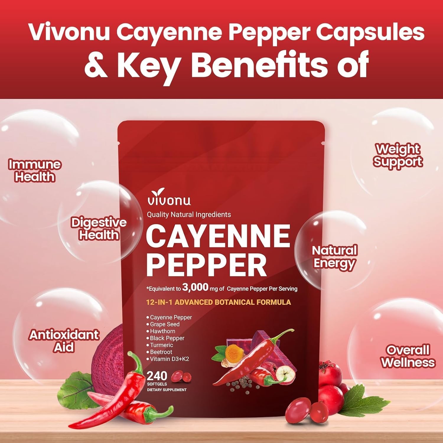VivoNu Cayenne Pepper Softgels Supplement, Heart and Blood Vessel Wellness