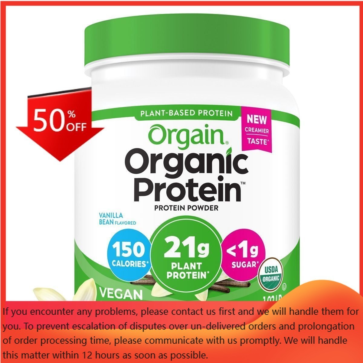 Orgain Organic Vegan Plant Based Protein Powder – Vanilla Bean – 16.32oz