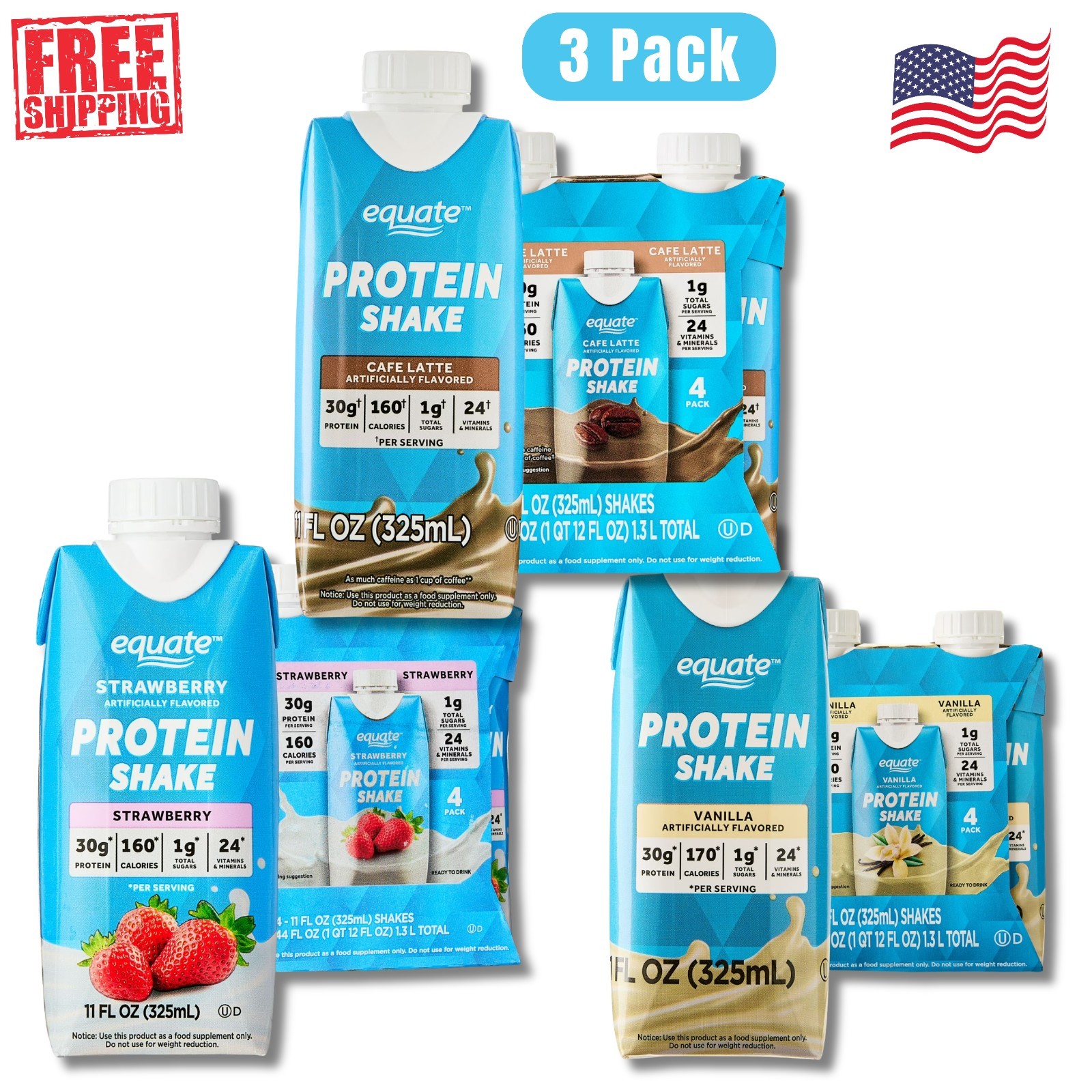 Equate High Performance Protein Shake, Variety Pack, 11 fl oz, 12 Ct