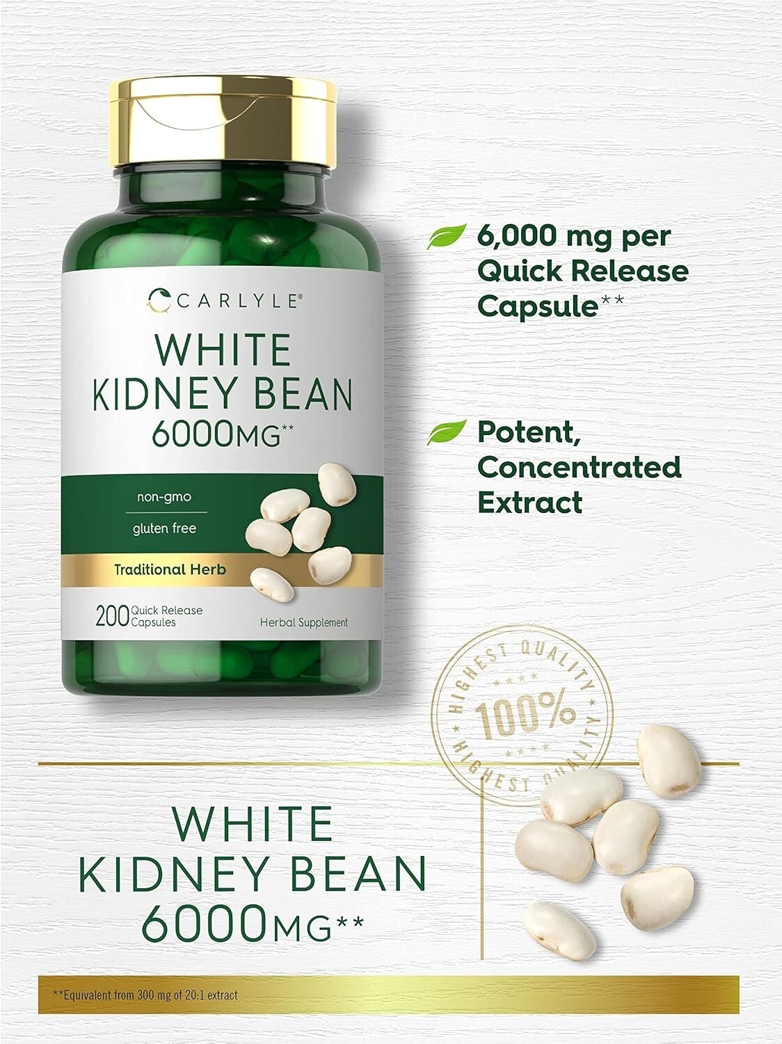 White Kidney Bean Carb Blocker 6000 Mg Potent Extract Starch Reduce, 200 Caps