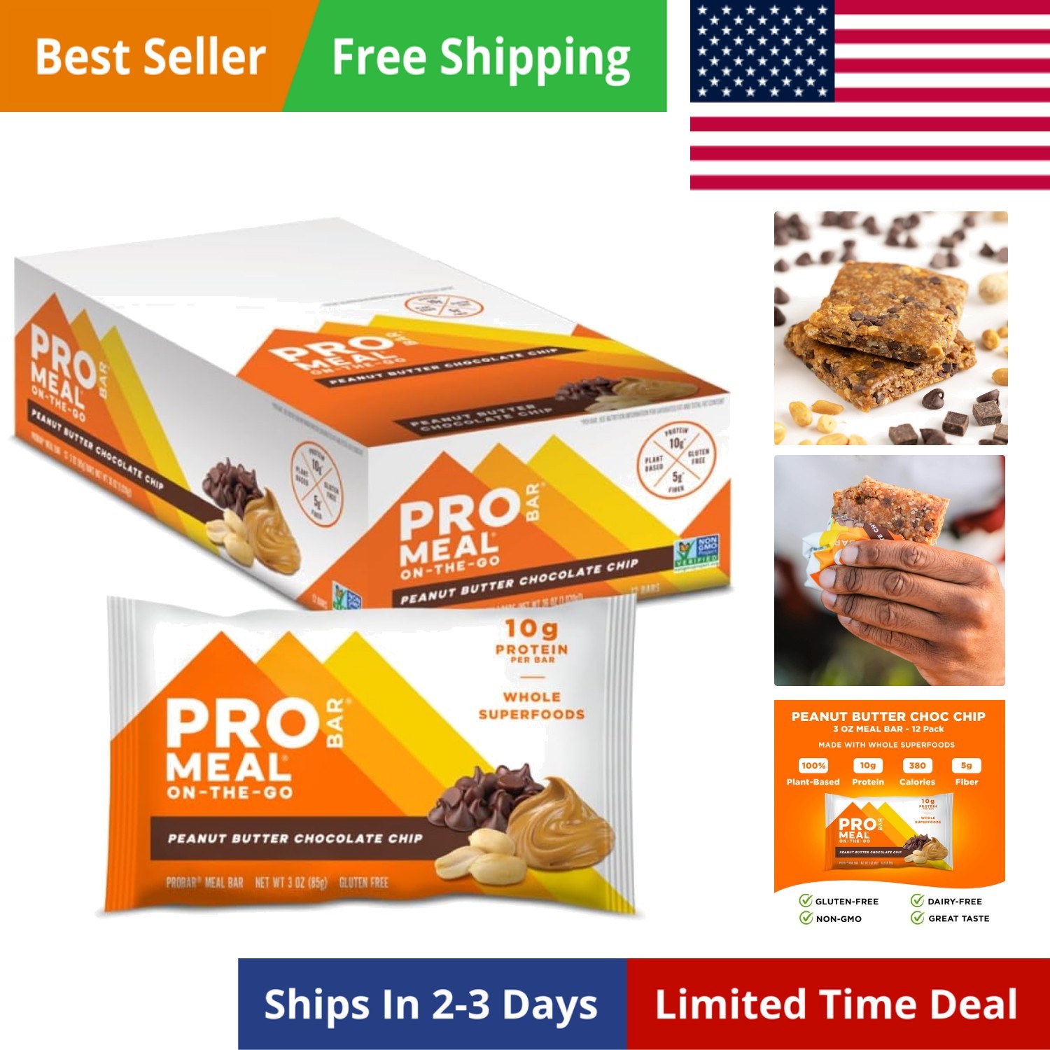 MEAL Bar, Peanut Butter Chocolate Chip, Non-GMO, Gluten-Free, Healthy, Plant-…