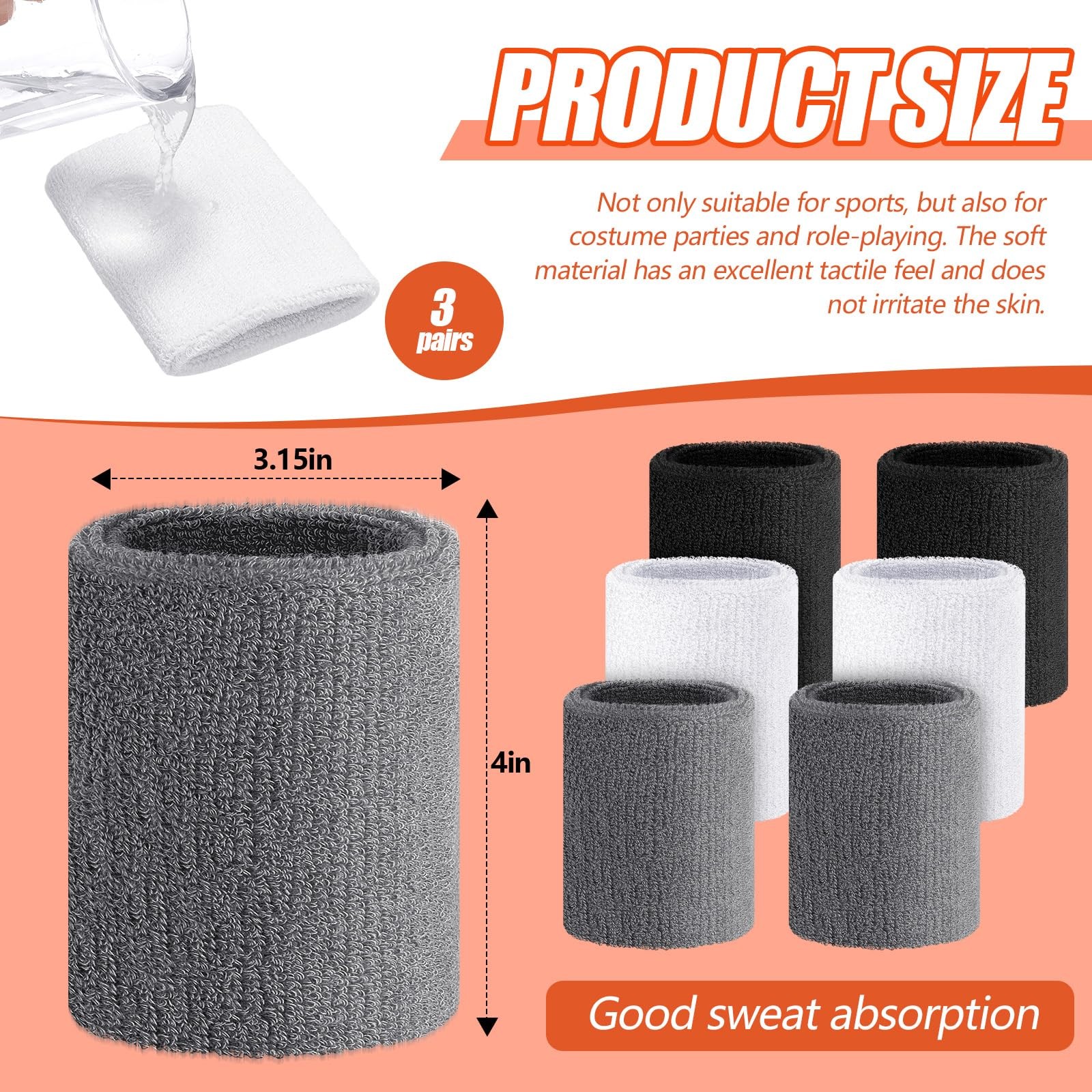 6 Pcs 4 Inch Cotton Elastic Arm Sweatbands Black, White, Gray Hiking, Cyclin…