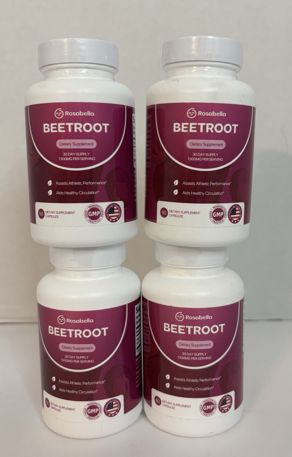 Rosabella Beetroot Dietary Supplement 1300mg, 60 Organic Beetroot Capsules X 4