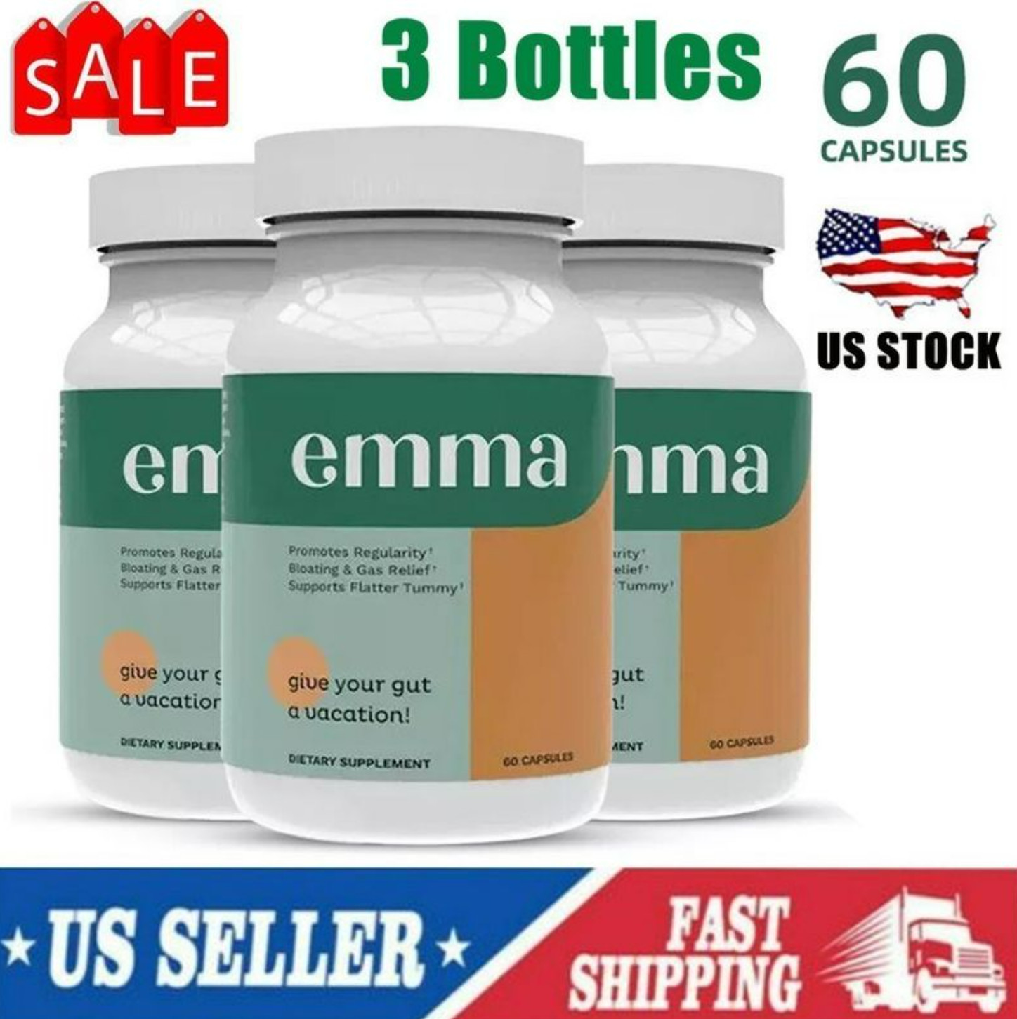 Emma 3 Pack Gut Health Supplement 180 Capsules Bloating Relief & Leaky Gut