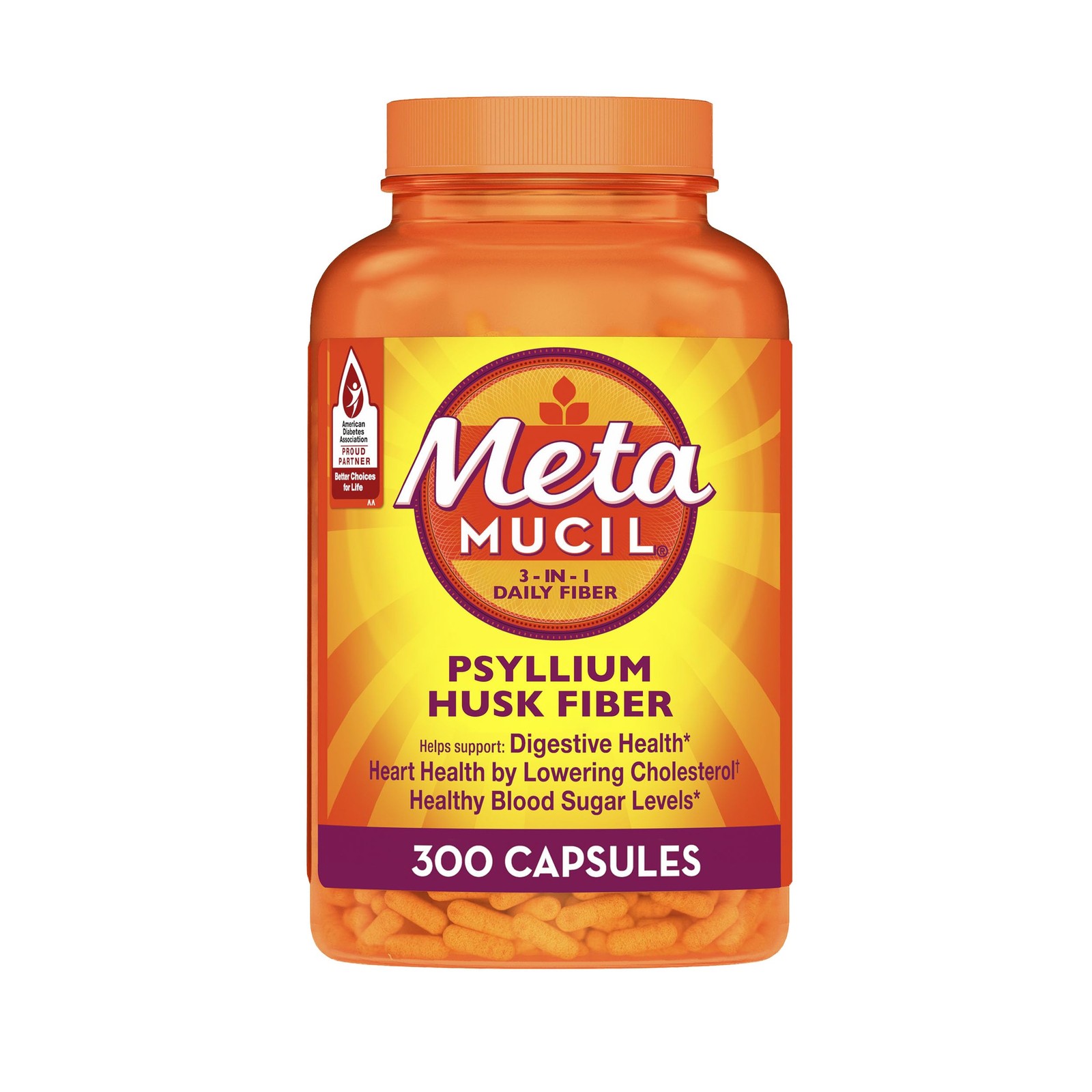 Metamucil 3-in-1 Fiber Capsules, Daily Psyllium Husk 300 Count (Pack of 1)