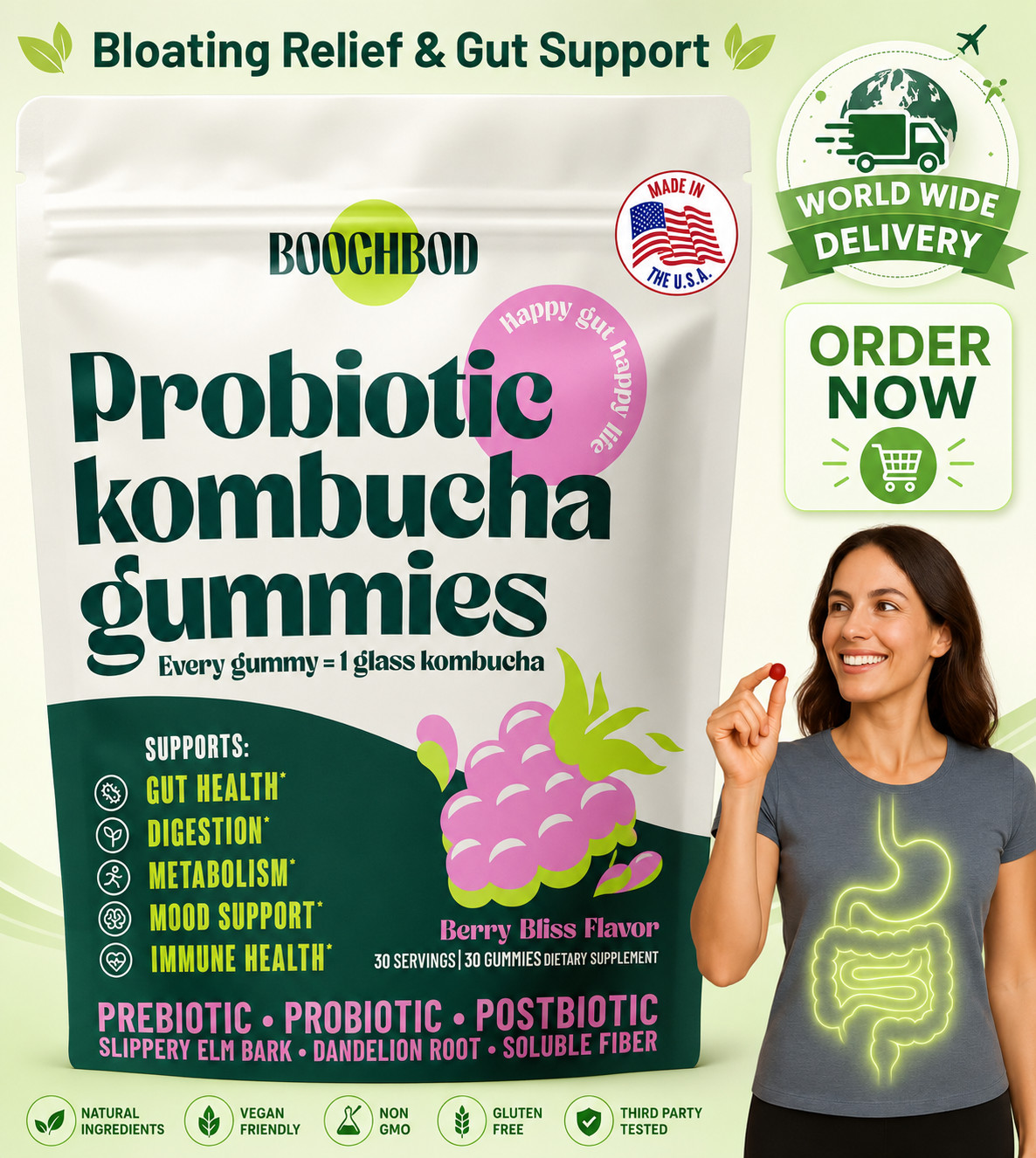 BoochBod Kombucha Gummies – Probiotics, Fiber, Slippery Elm, MCT Oil for Bloatin