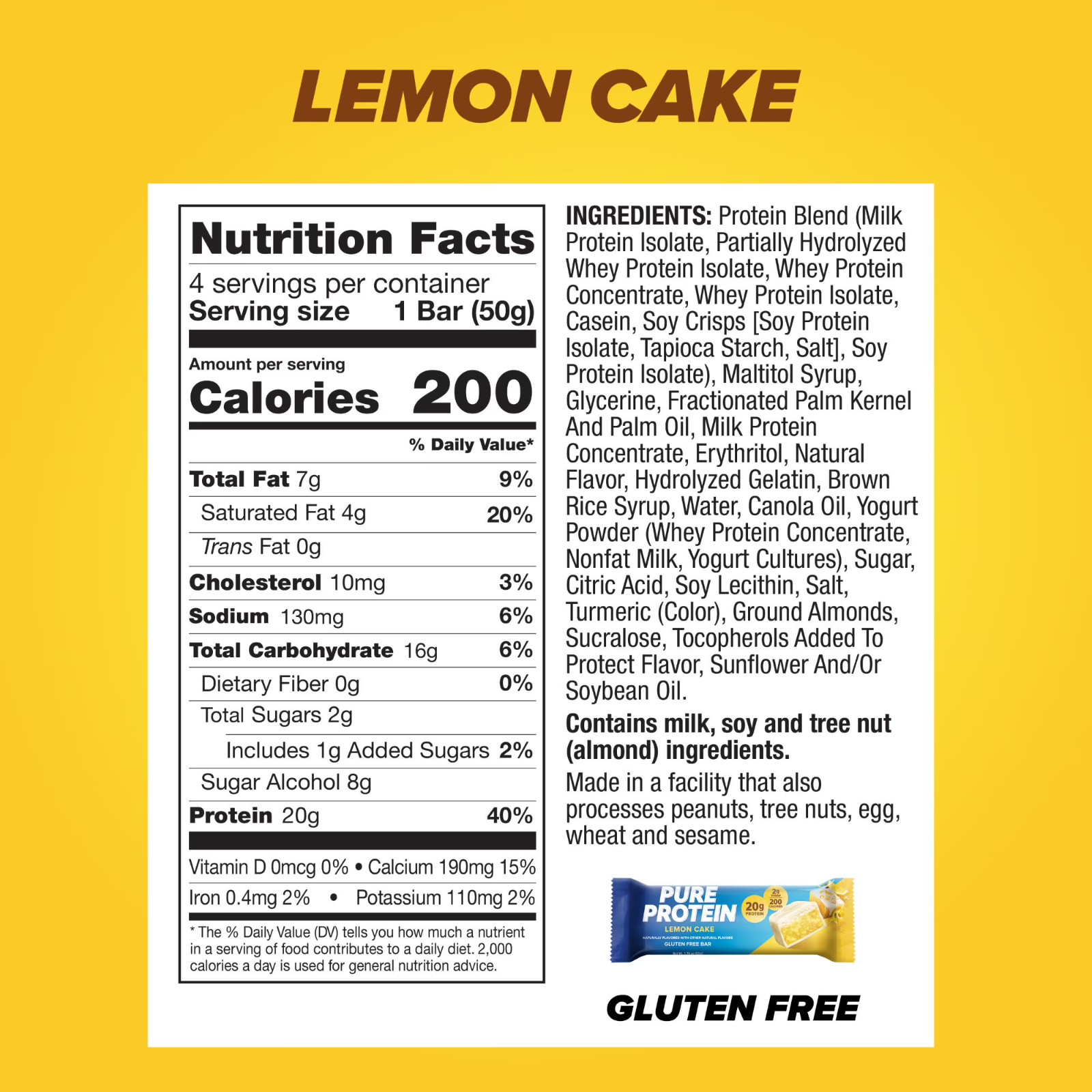 Pure Protein Bars Lemon Cake High Protein Low Sugar Gluten Free Snack 12 Count