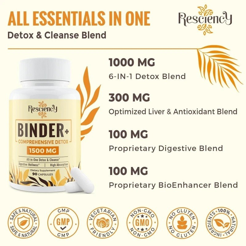 Resciency Binder+ Detox 1500mg Charcoal, Zeolite, Bentonite, 90 Vegan Capsules
