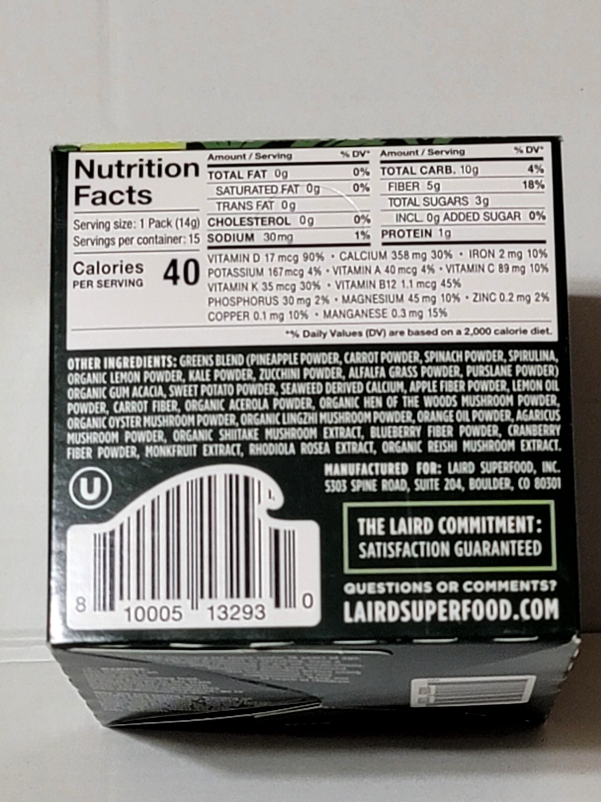 Laird Superfood Prebiotic Daily Greens Drink Mix 15 Pack – 0.5 oz Packets NEW