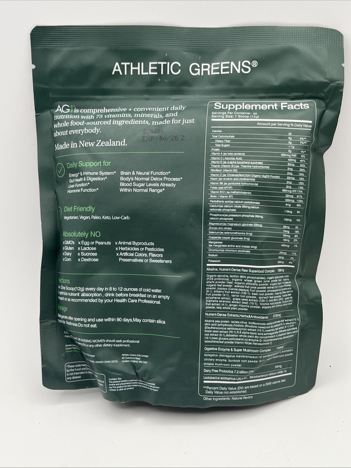 AG1 Athletic Greens Powder Pouch 12.7oz/360g – 30 Day Supply 06/26